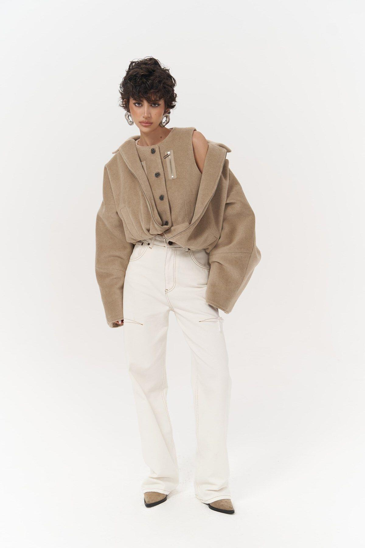 Chappel Light Brown Asymmetrical Jacket with Zipper Detail