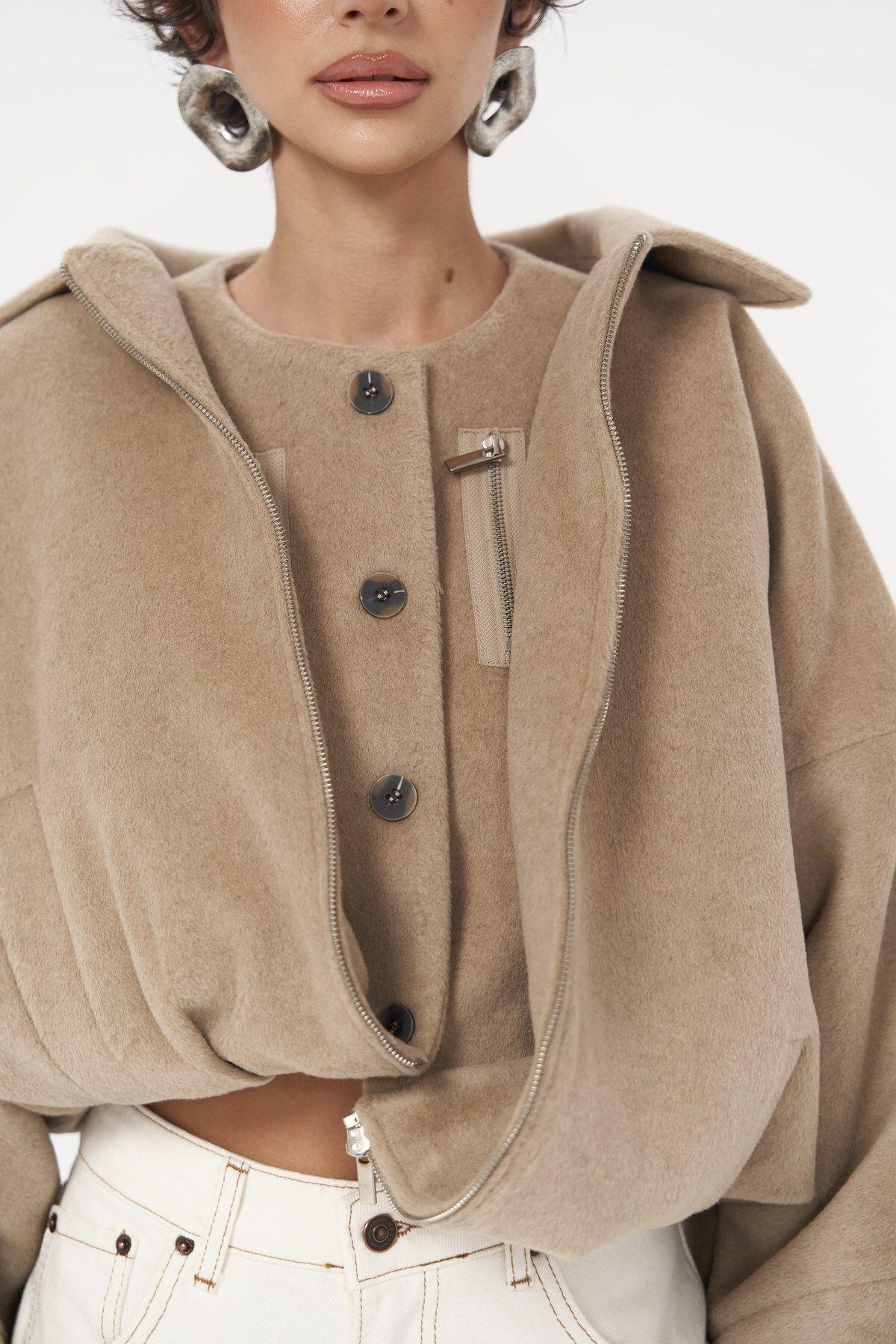 Chappel Light Brown Asymmetrical Jacket with Zipper Detail