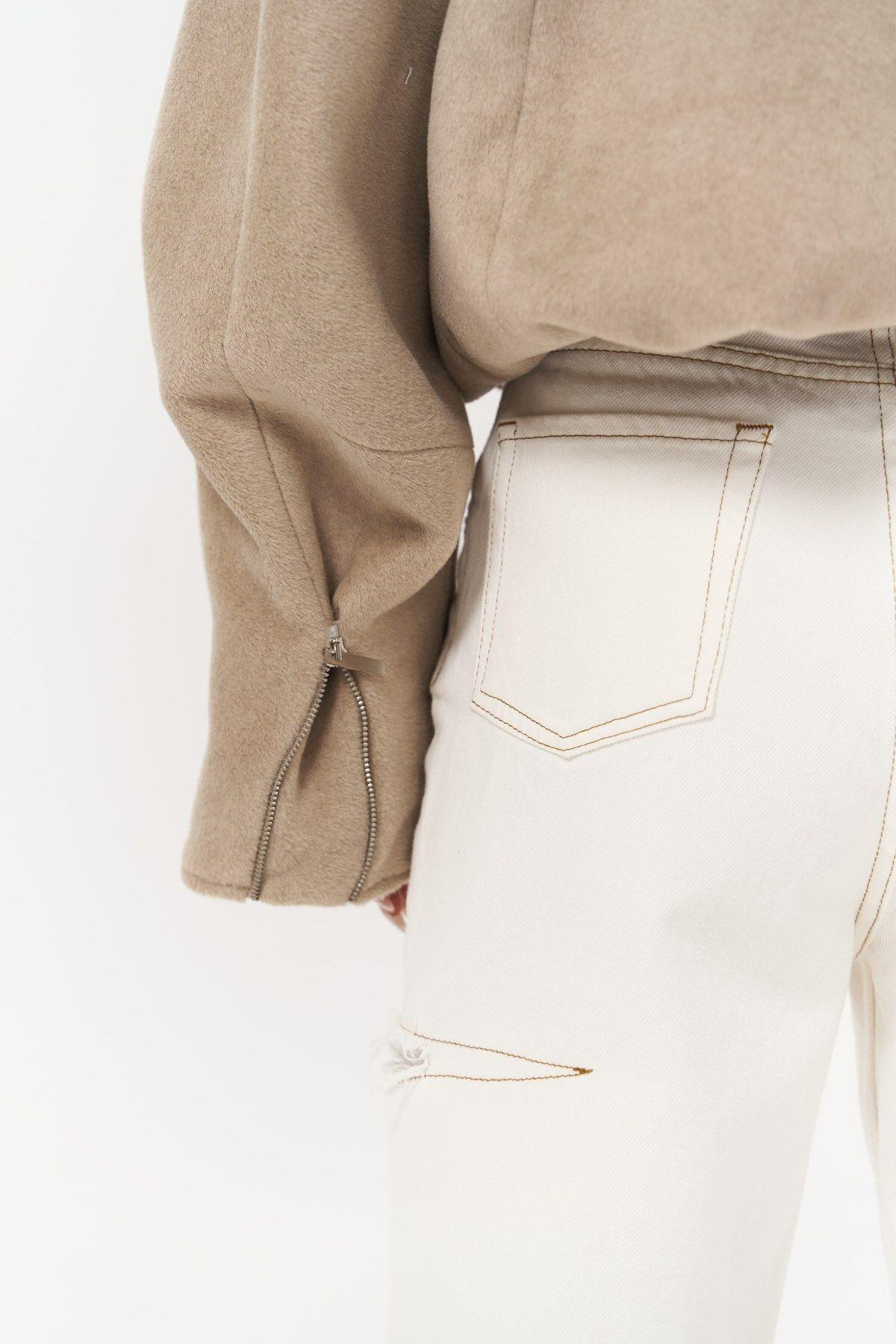 Chappel Light Brown Asymmetrical Jacket with Zipper Detail