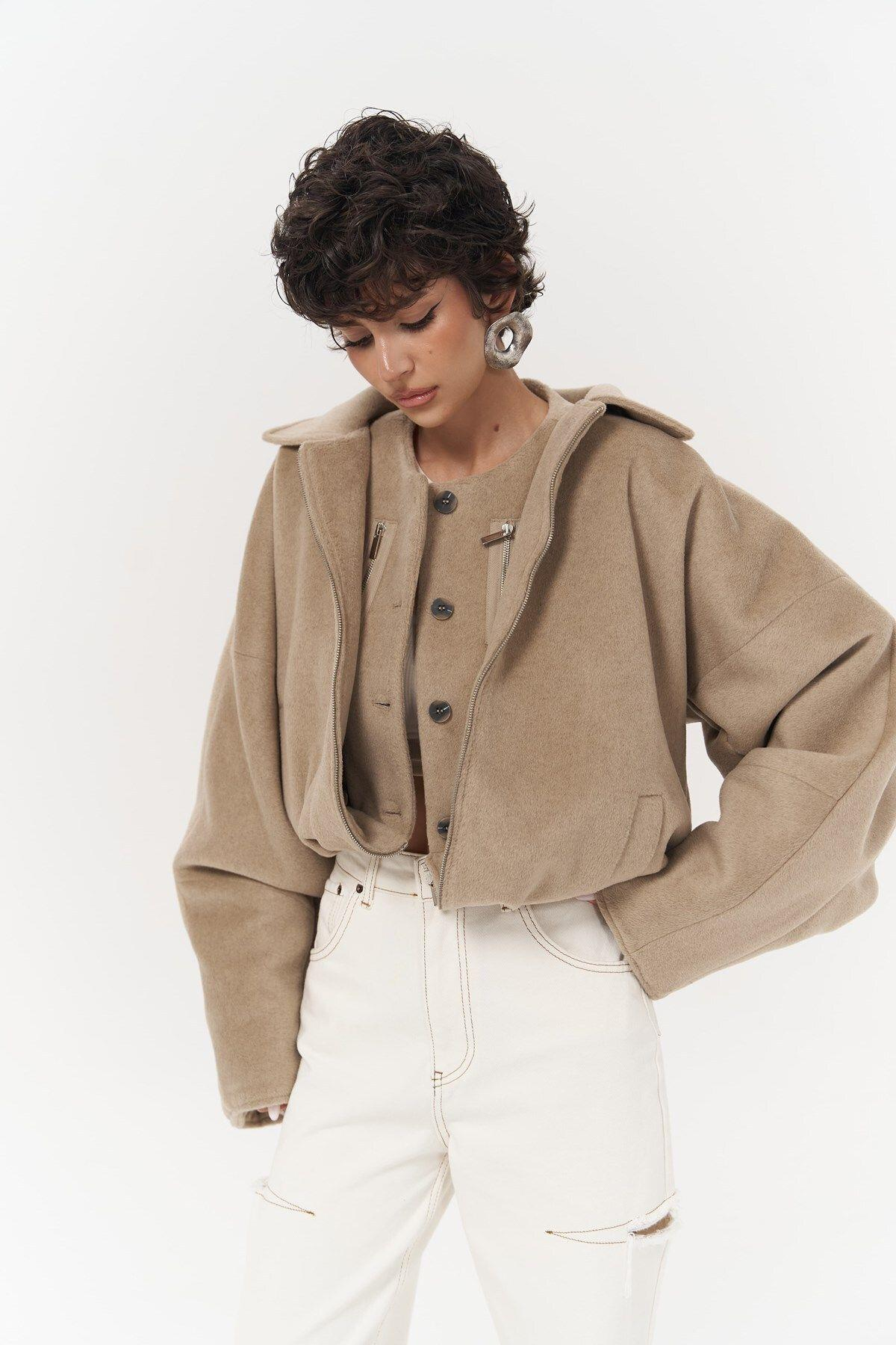 Chappel Light Brown Asymmetrical Jacket with Zipper Detail