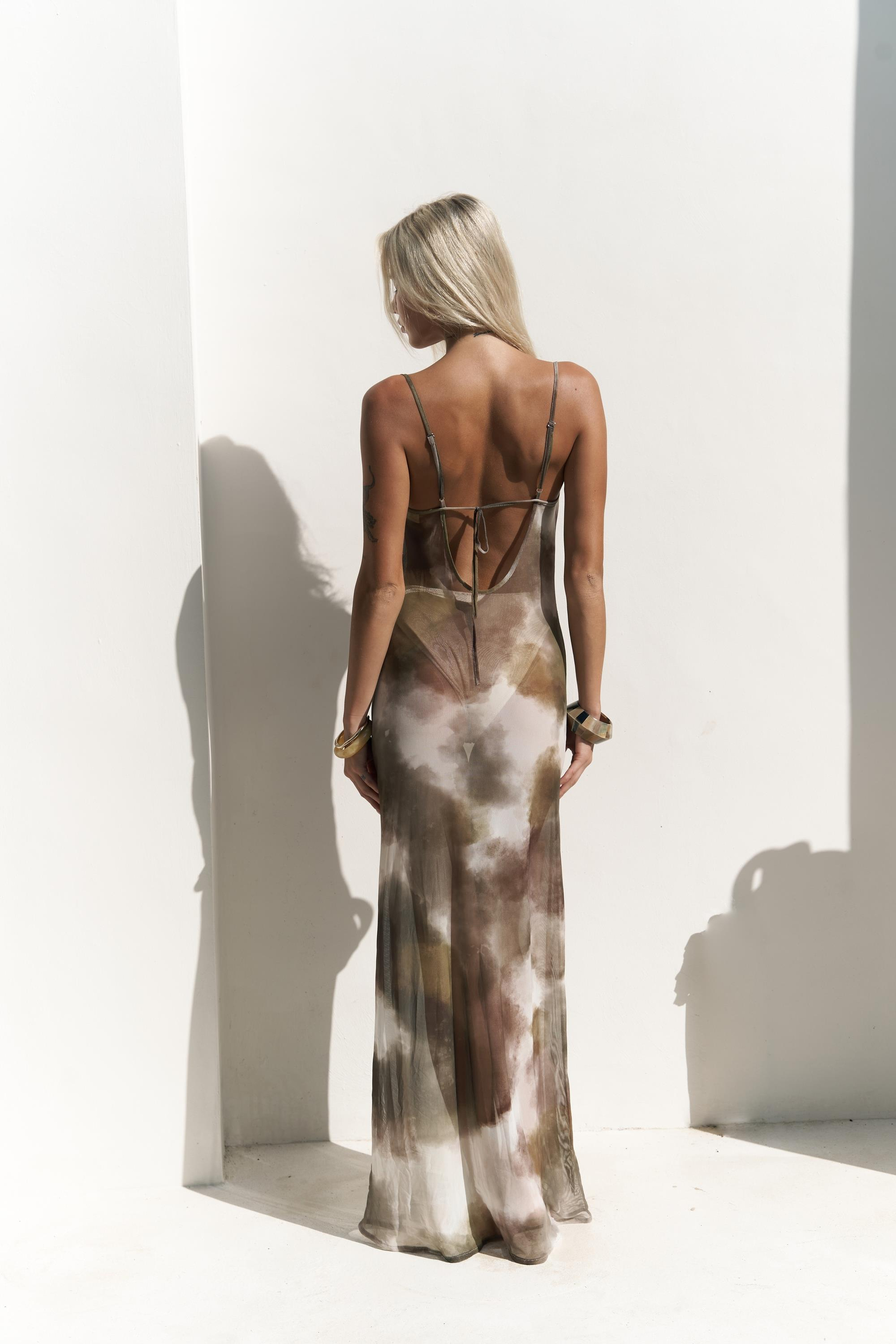 Chomhan Askılı Degaje Yeşil Uzun Elbise