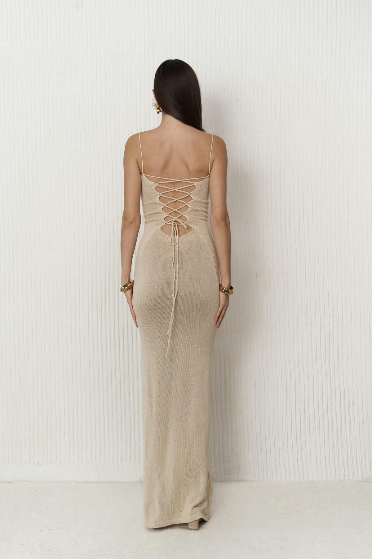 Cintia Low Back Beige Knit Dress