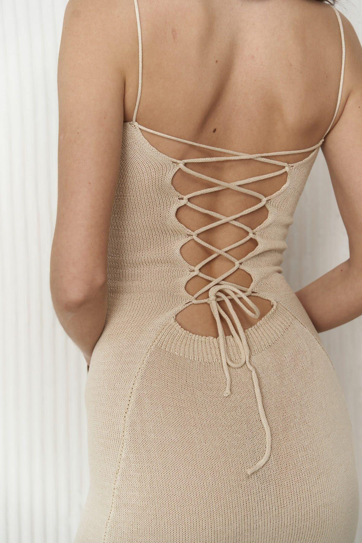 Cintia Low Back Beige Knit Dress