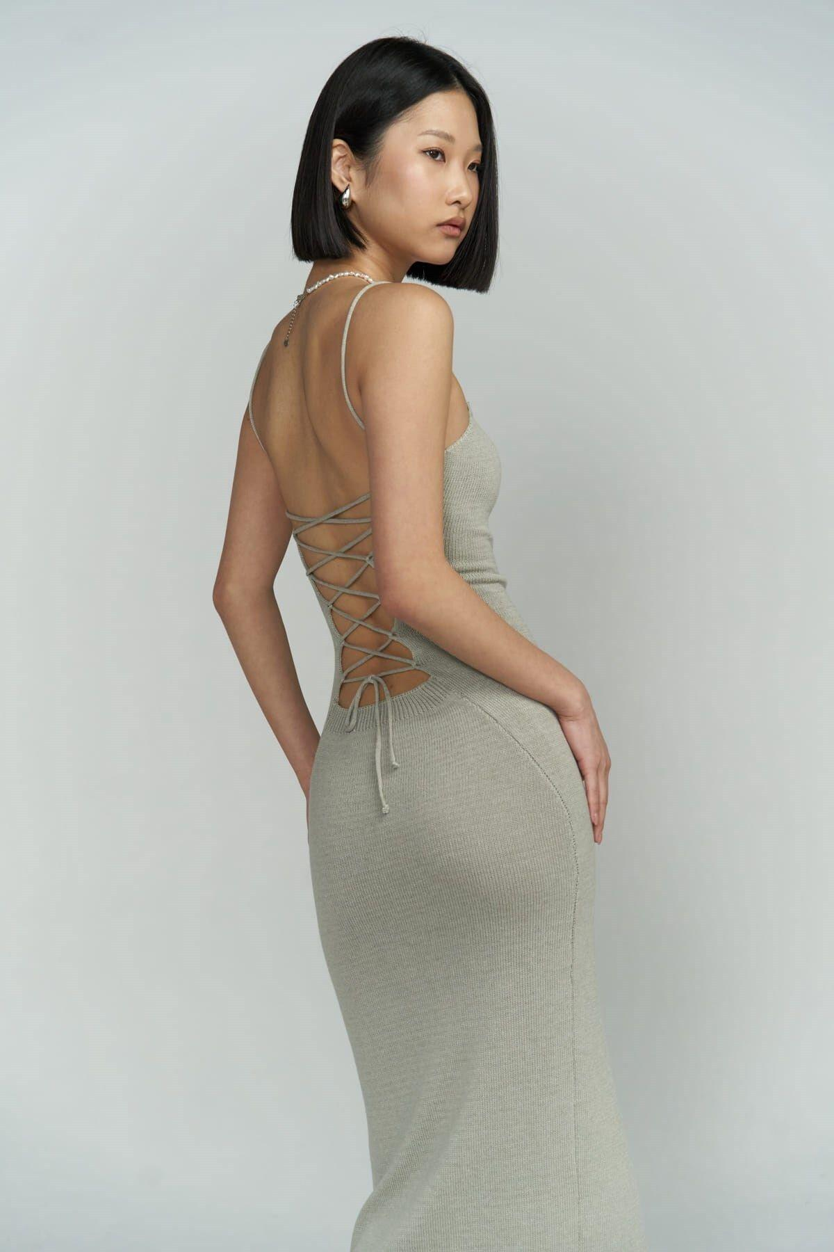 Cintia Sırt Dekolteli Gri Triko Elbise