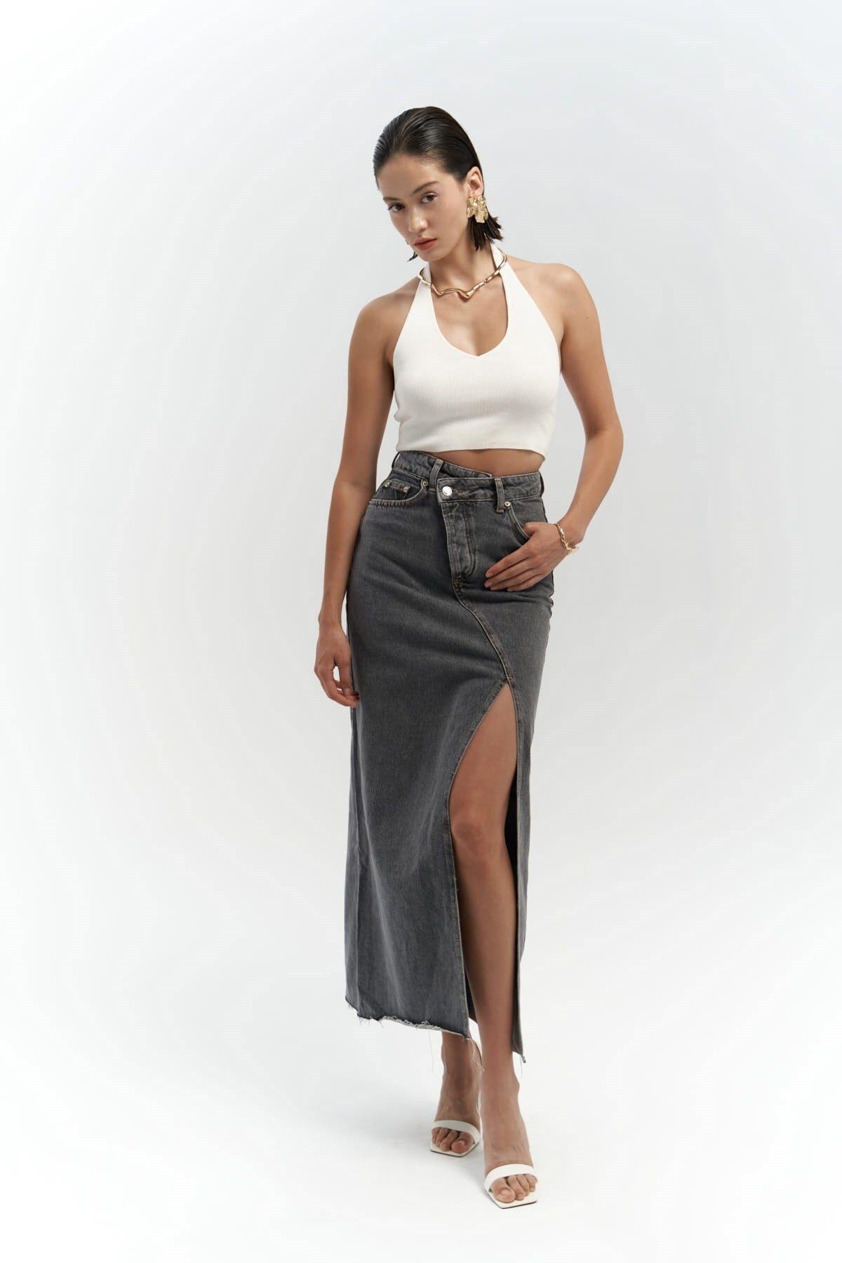 Claris Cross Dark Gray Denim Skirt