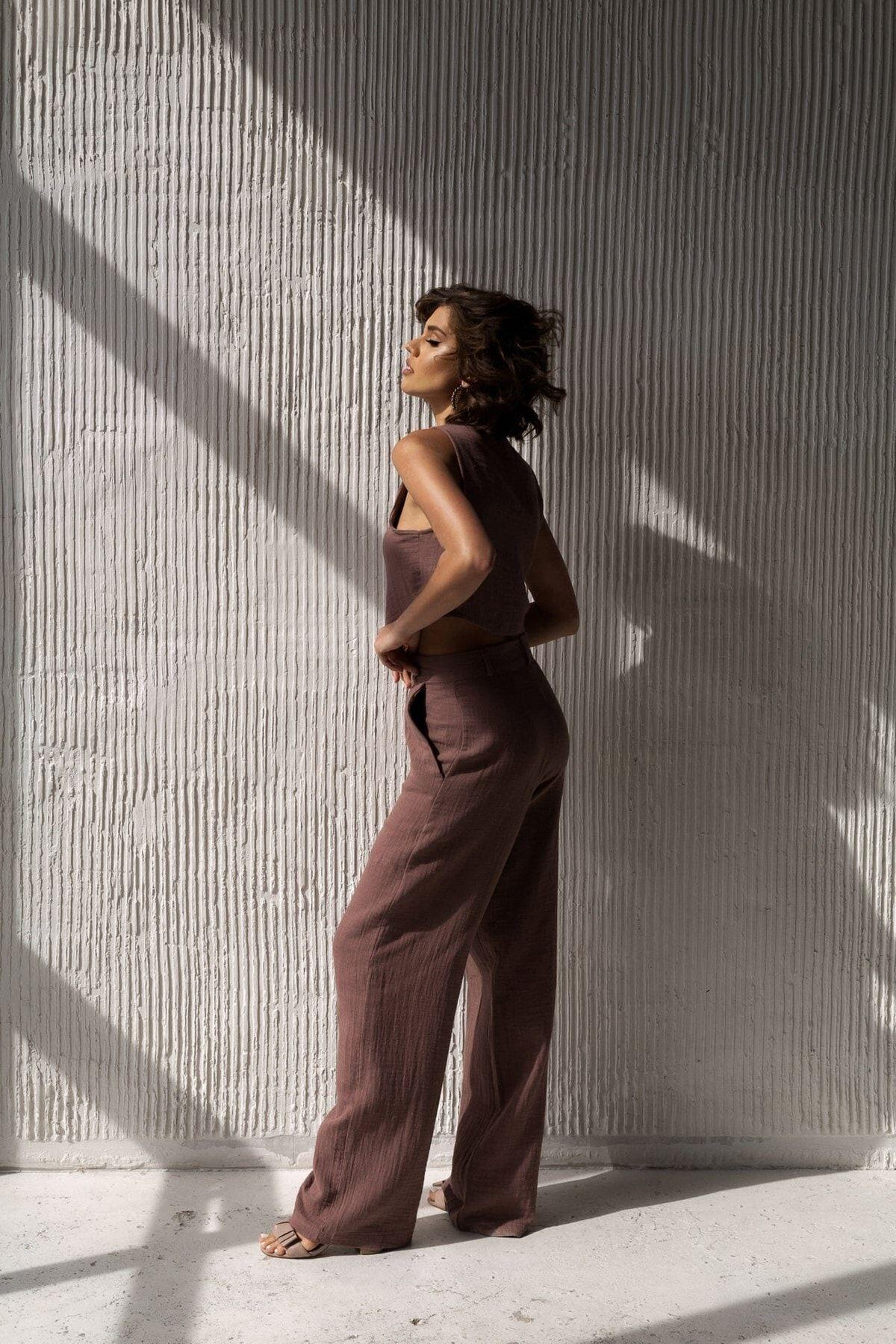 Bohemai Clover Brown Muslin Vest-Trousers Set