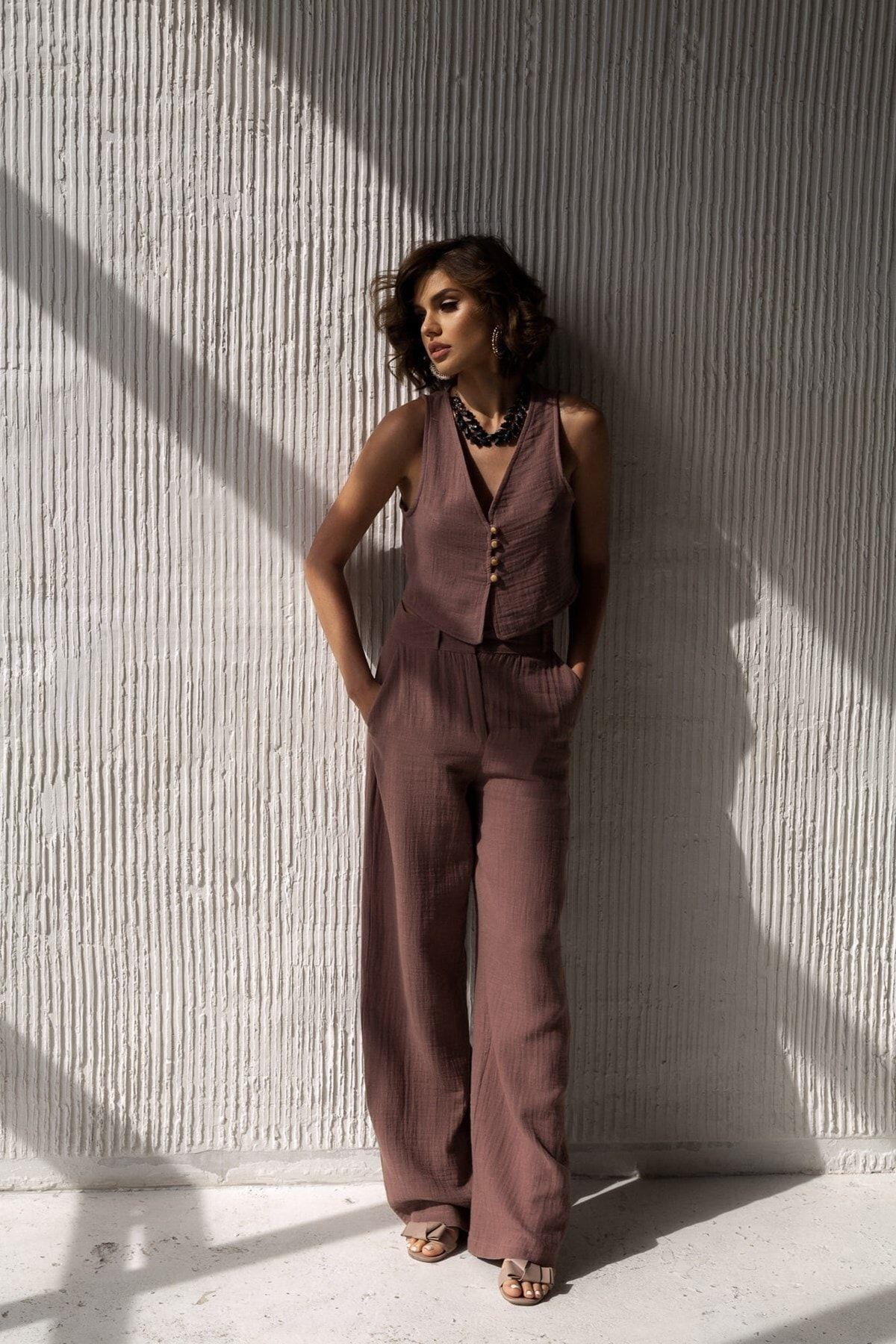 Bohemai Clover Brown Muslin Vest-Trousers Set