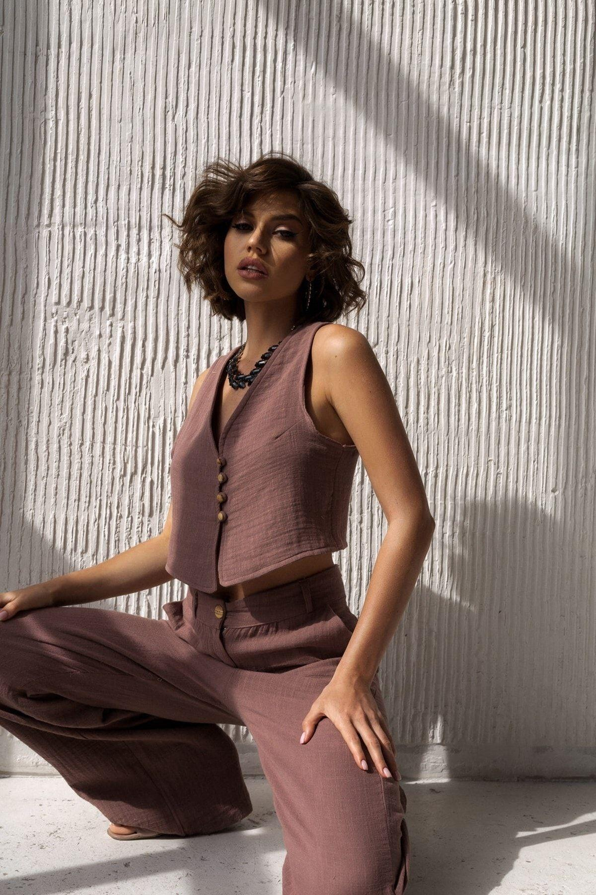 Bohemai Clover Brown Muslin Vest-Trousers Set
