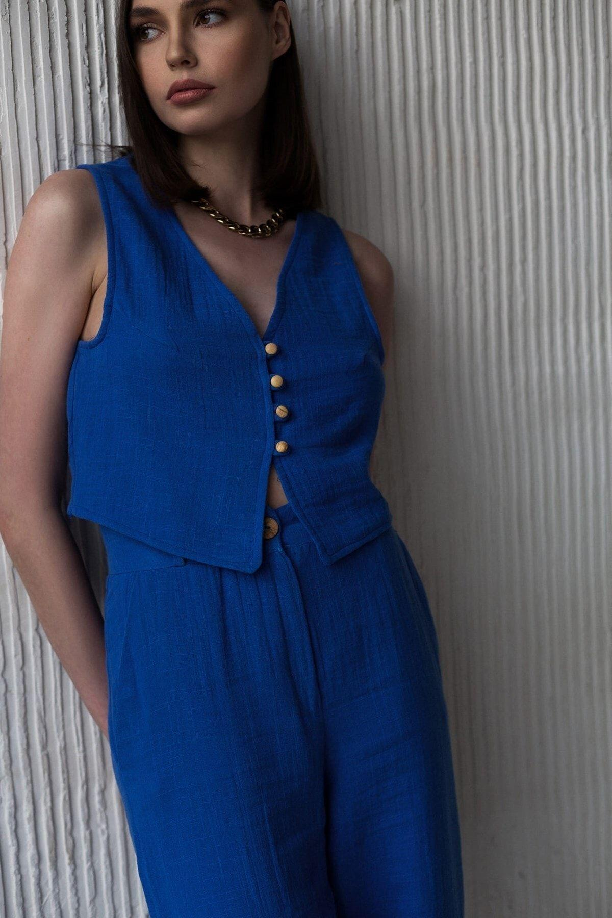 Bohemai Clover Sax Blue Muslin Vest-Trousers Set