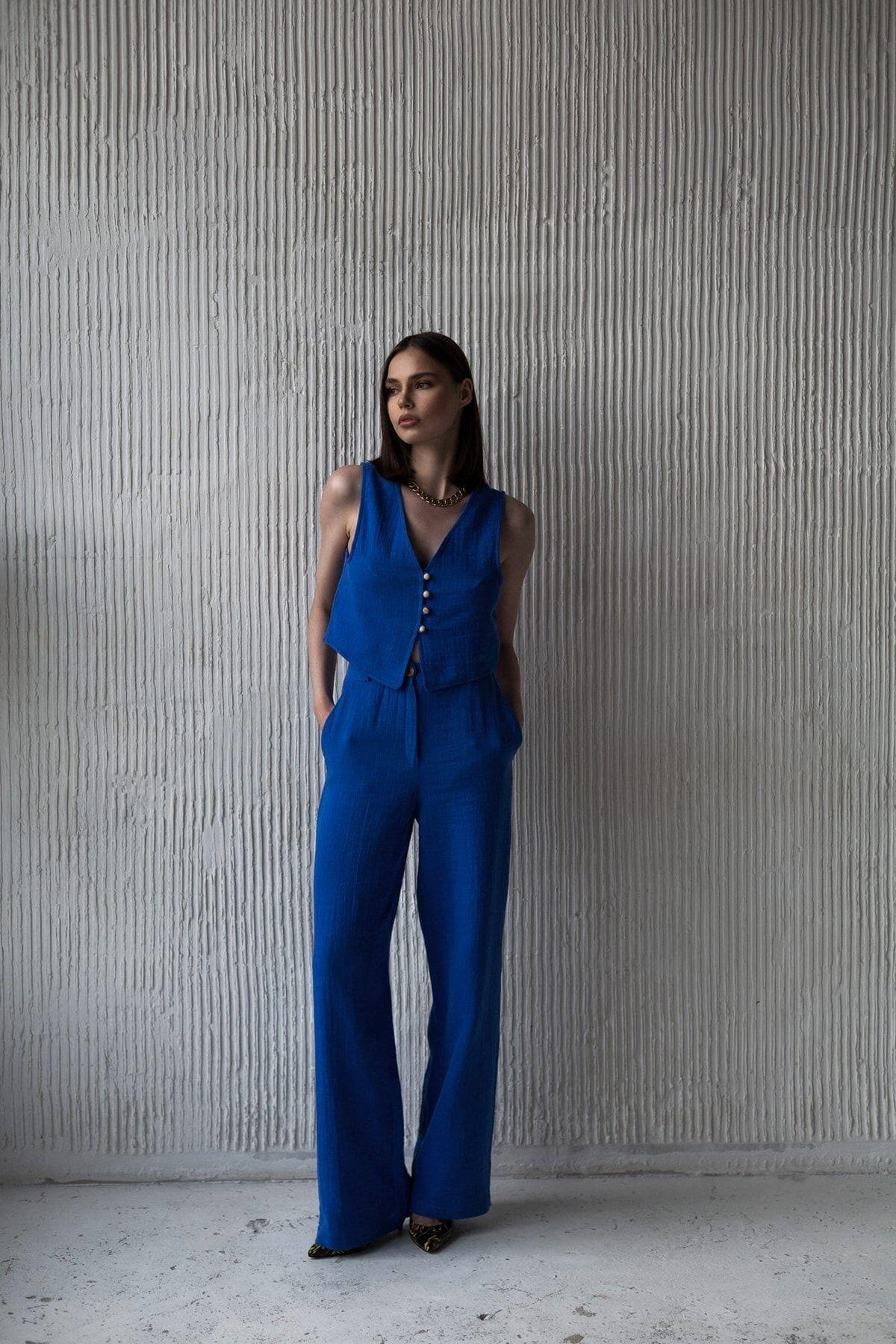 Bohemai Clover Sax Blue Muslin Vest-Trousers Set