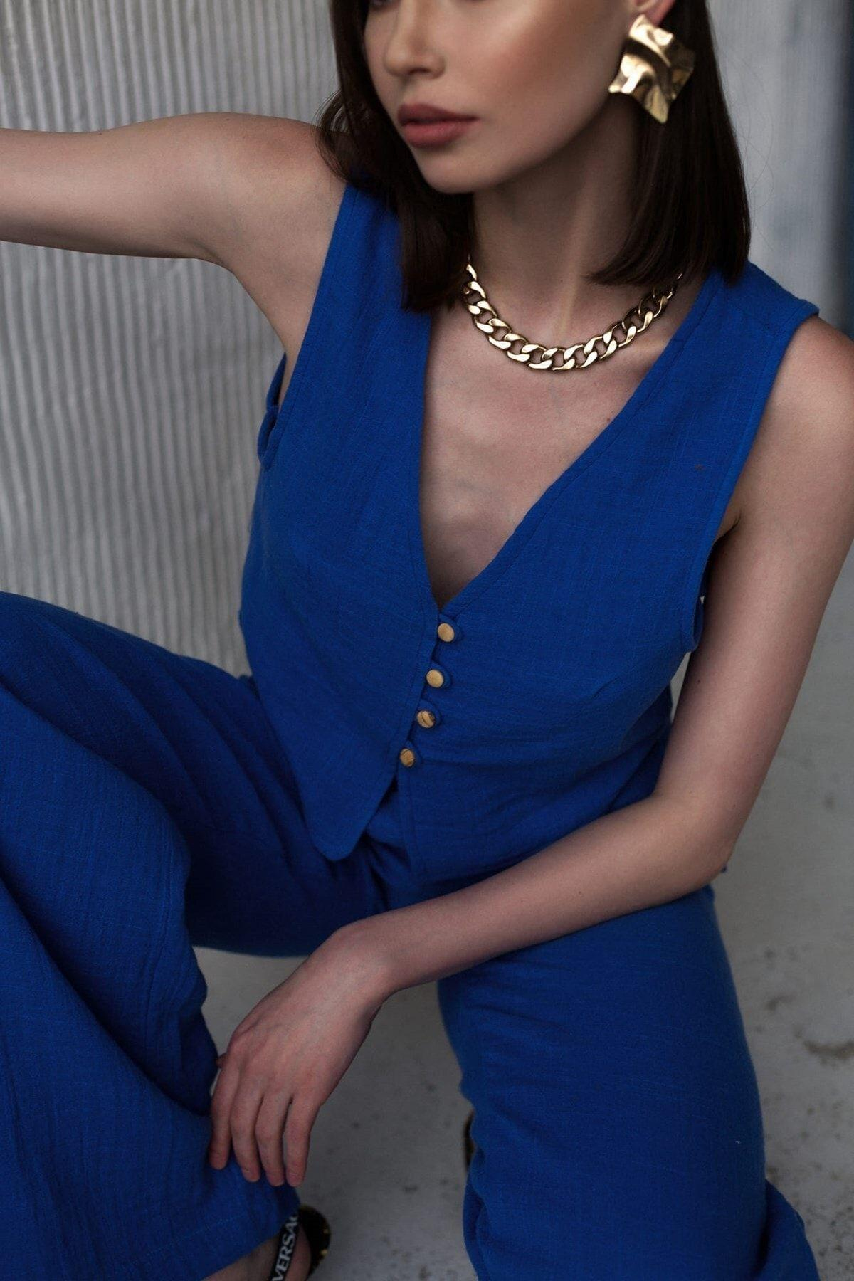 Bohemai Clover Sax Blue Muslin Vest-Trousers Set