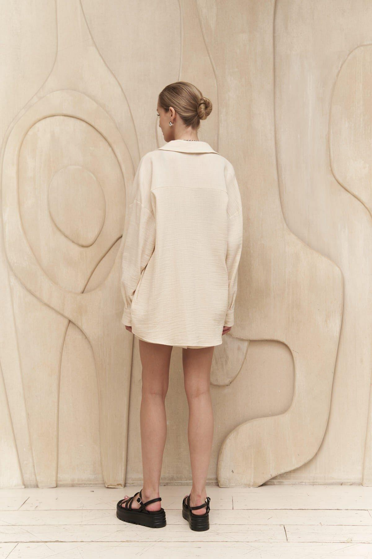 Cosmos Beige Muslin Shirt&Shorts Set