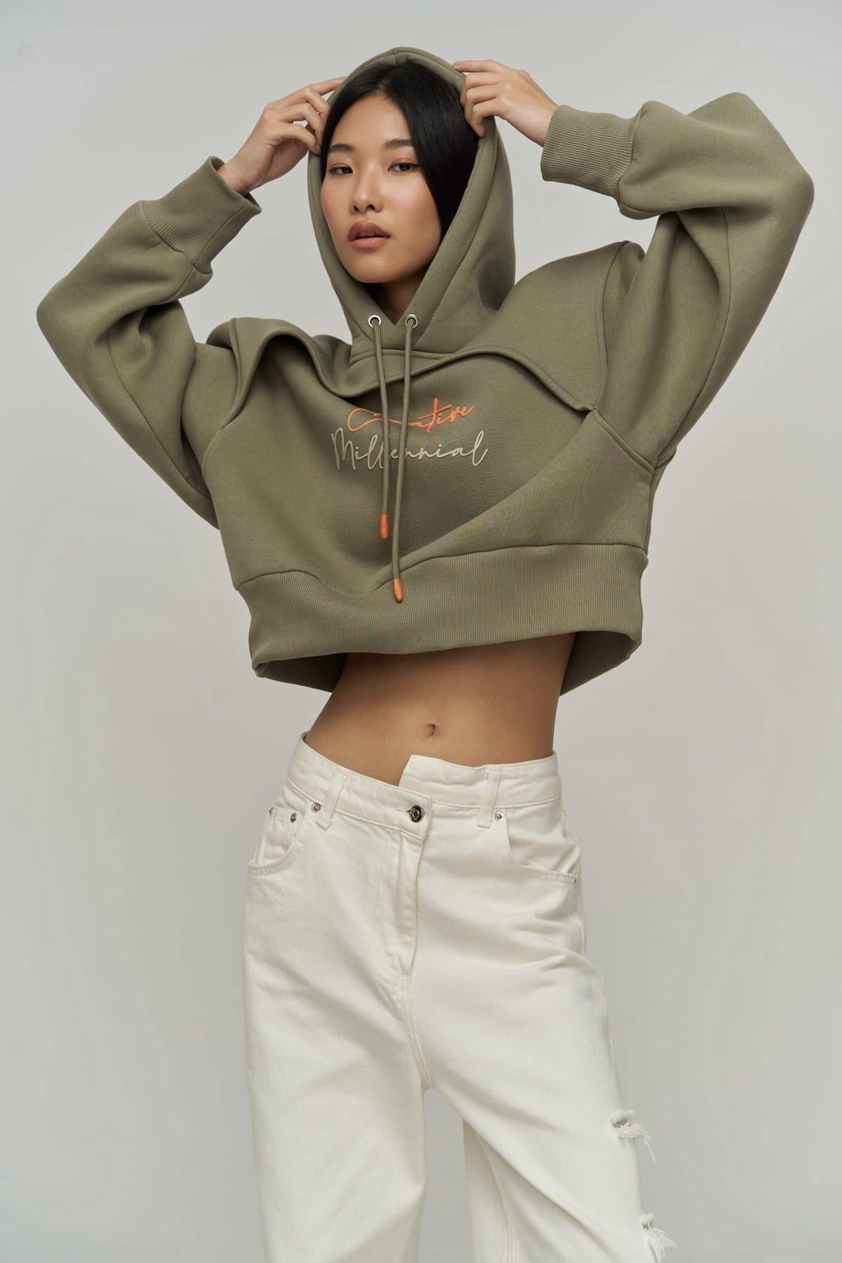 Creative Soft Khaki Crop Sweatshirt
