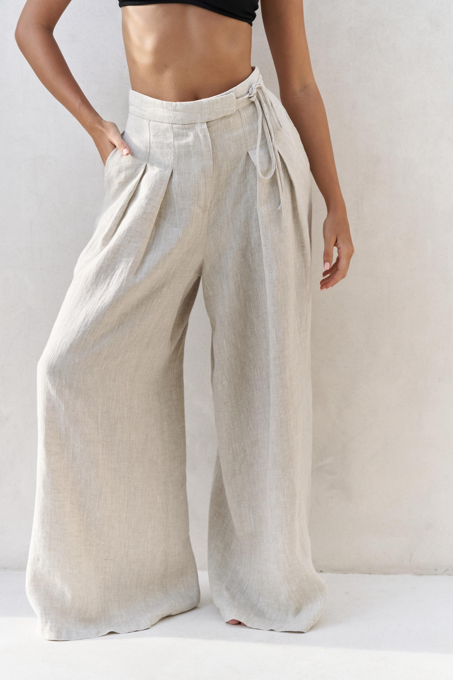 Dapper İp Detay Keten Palazzo Naturel Pantolon