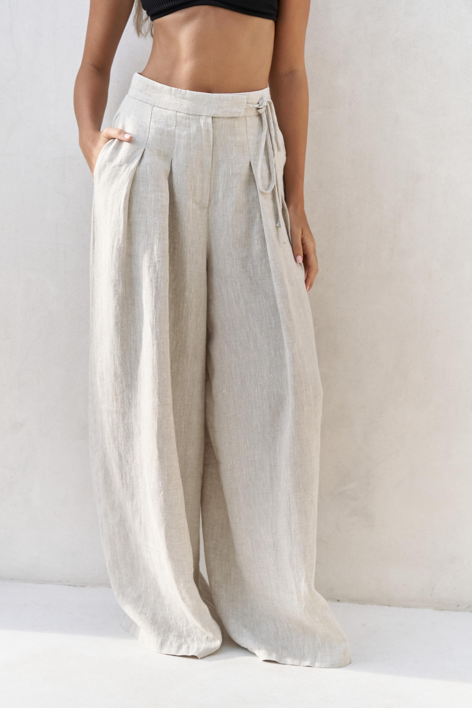 Dapper İp Detay Keten Palazzo Naturel Pantolon