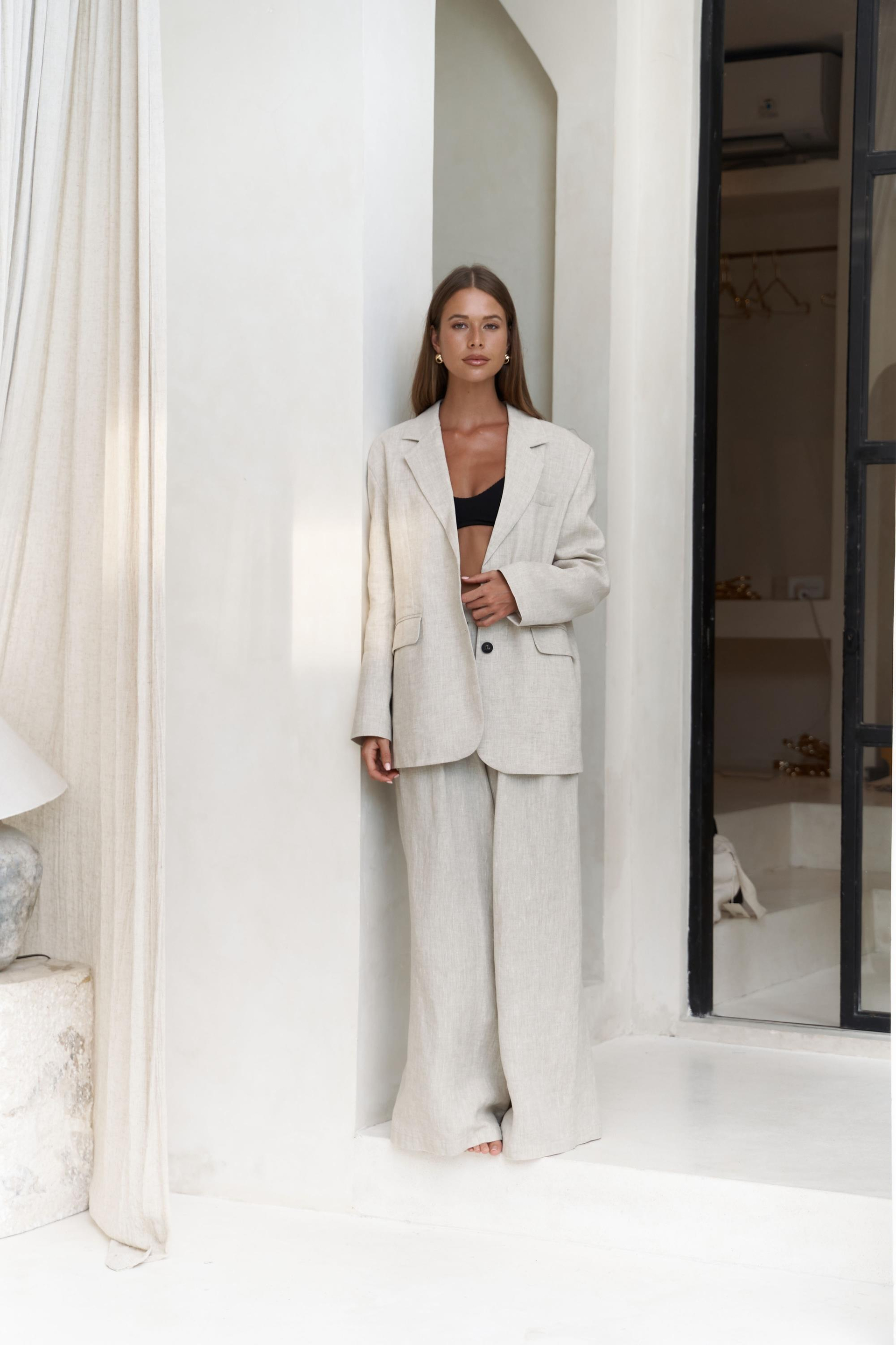 Dapper İp Detay Keten Palazzo Naturel Pantolon