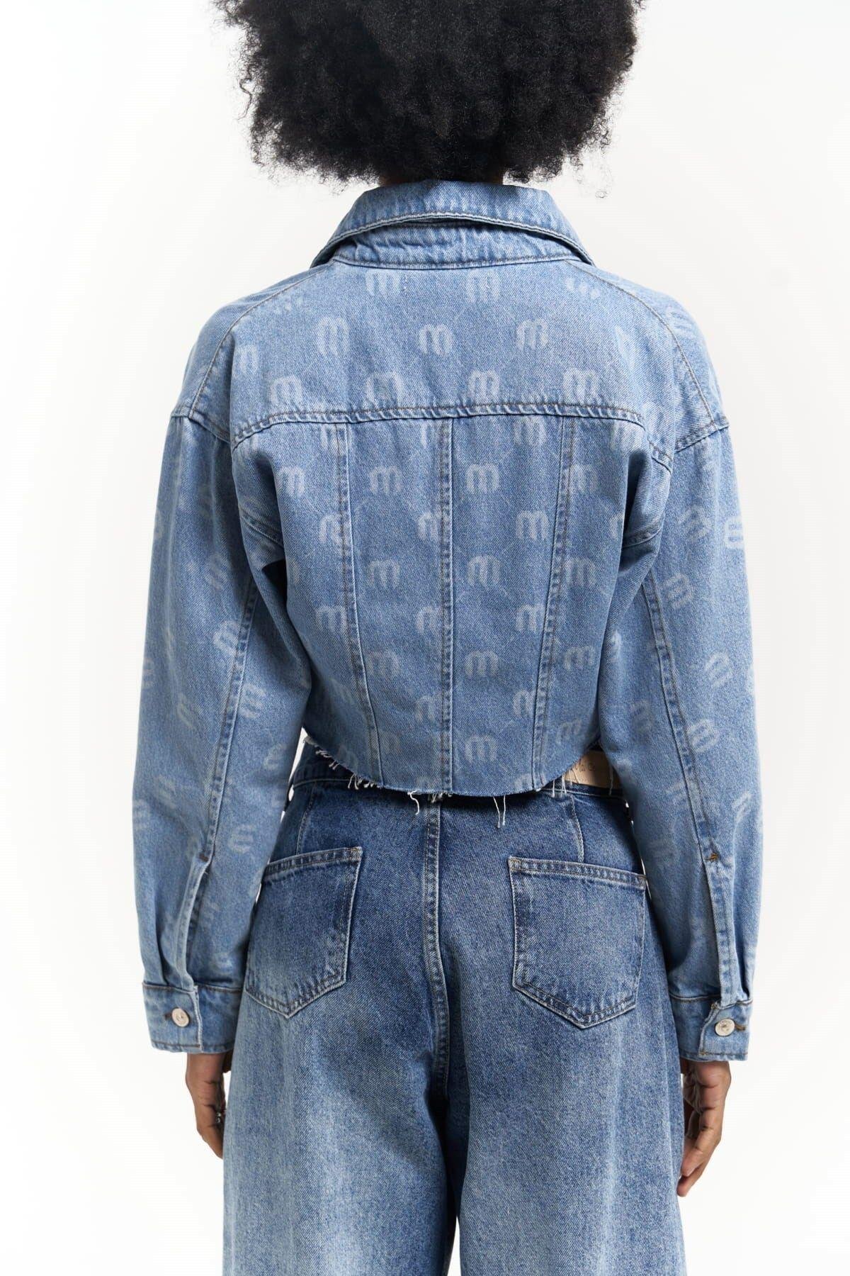 Darcey M Baskı Mavi Kısa Jean Ceket