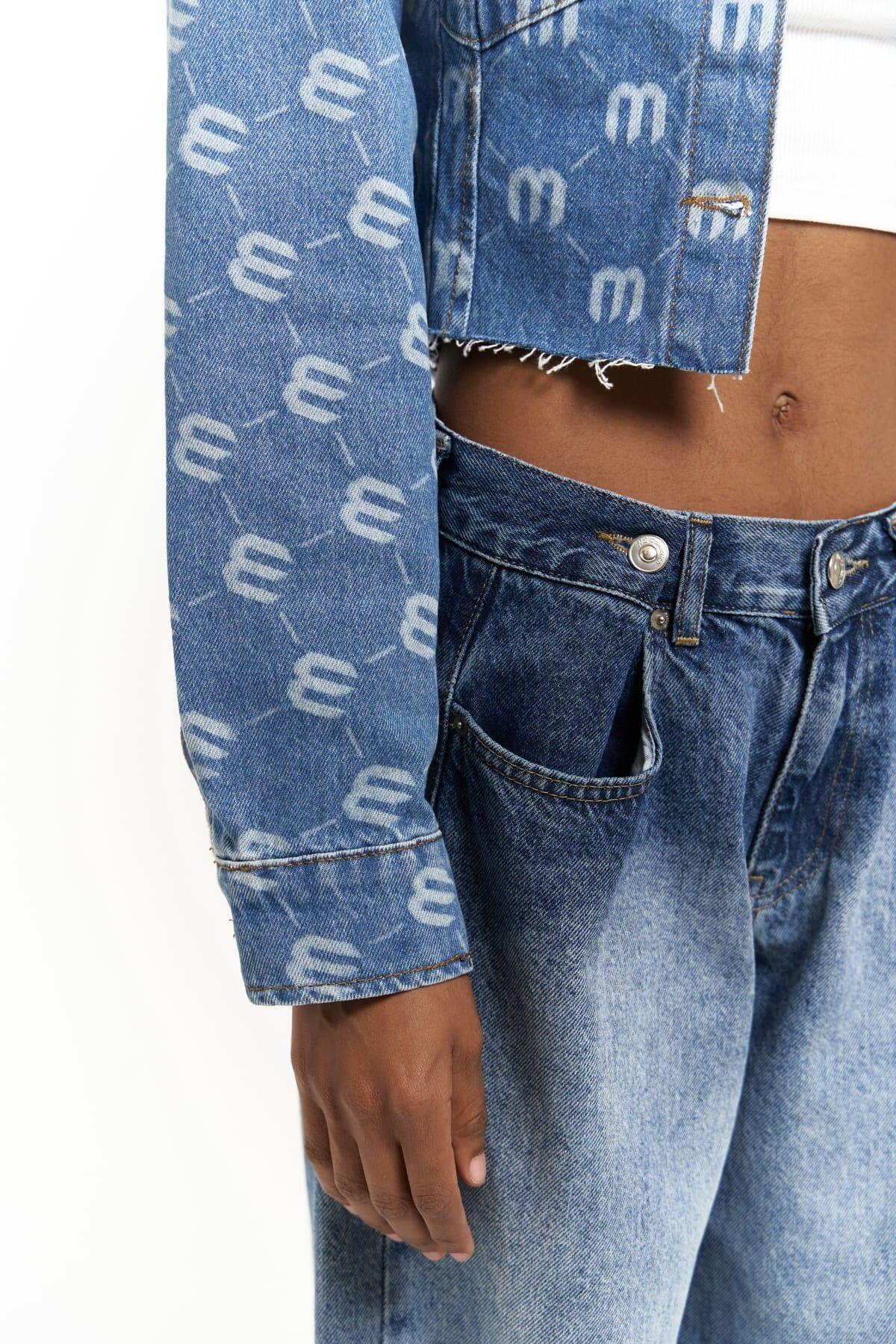 Darcey M Baskı Mavi Kısa Jean Ceket