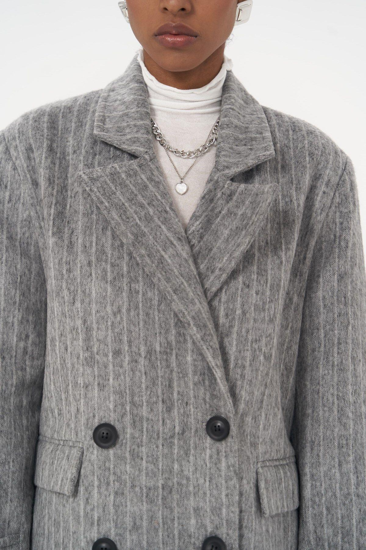 Darrel Belted Striped Smoke Gray Long Coat