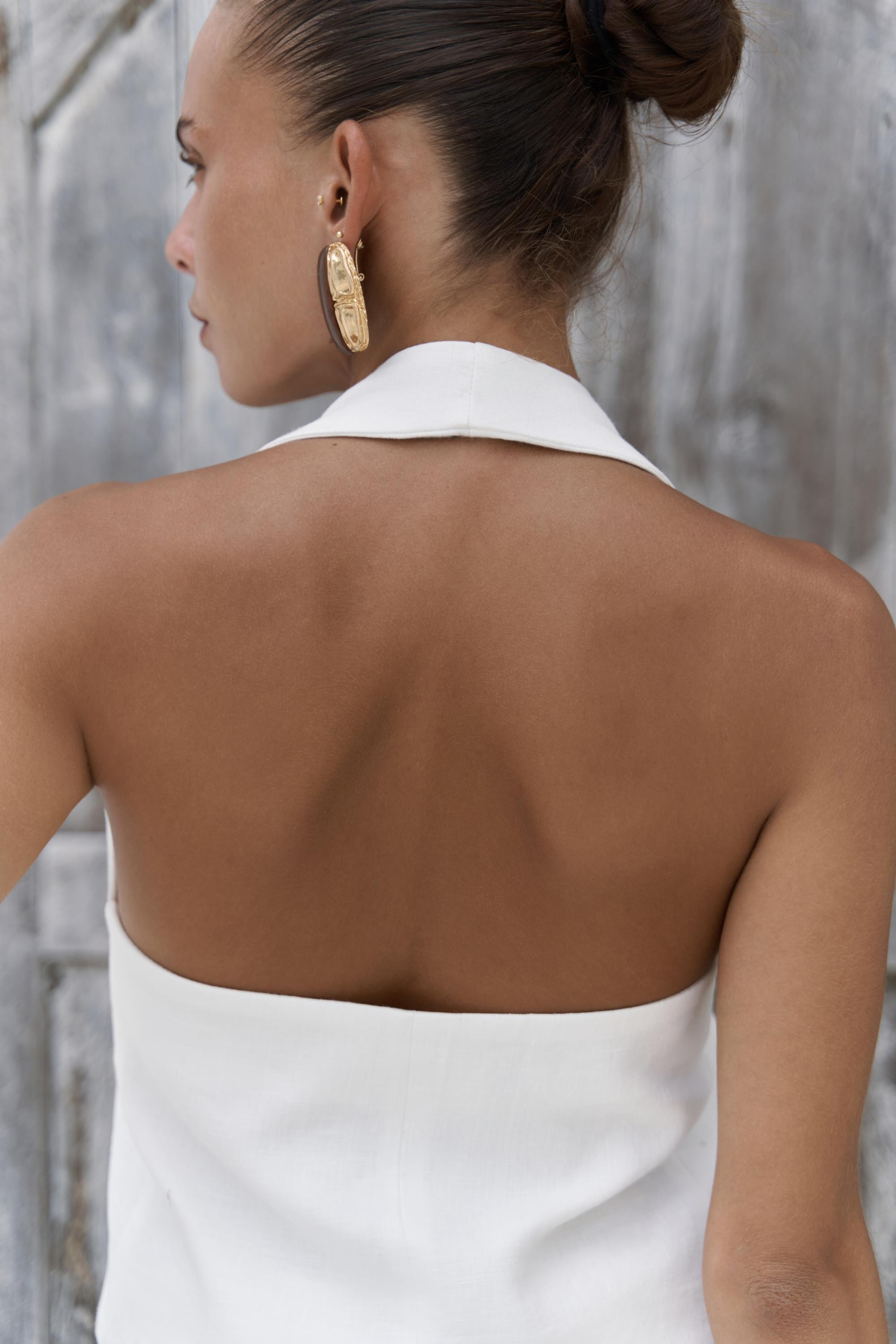 Dena Sırt Dekolteli Beyaz Keten Yelek Pantolon Takım