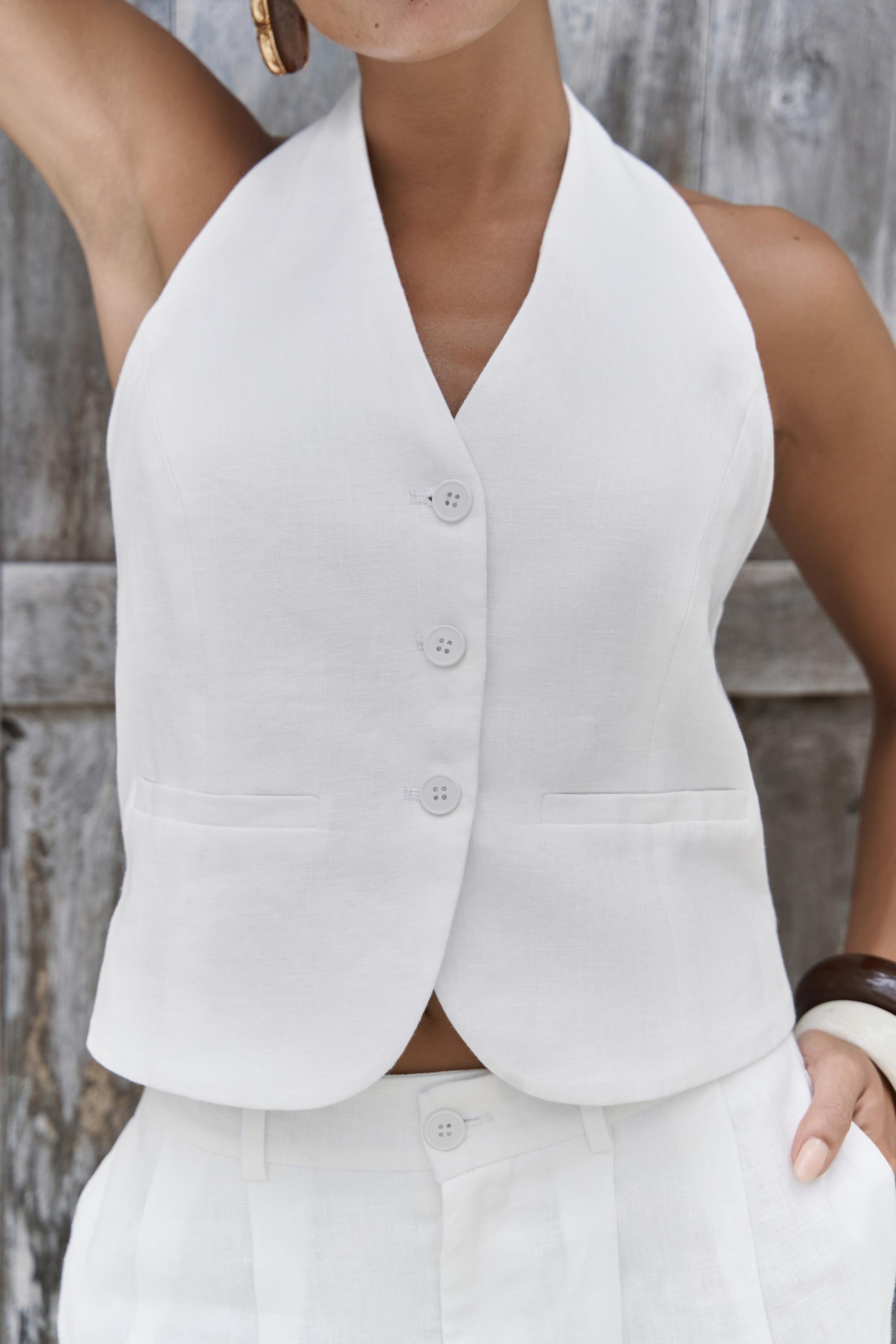 Dena Sırt Dekolteli Beyaz Keten Yelek Pantolon Takım