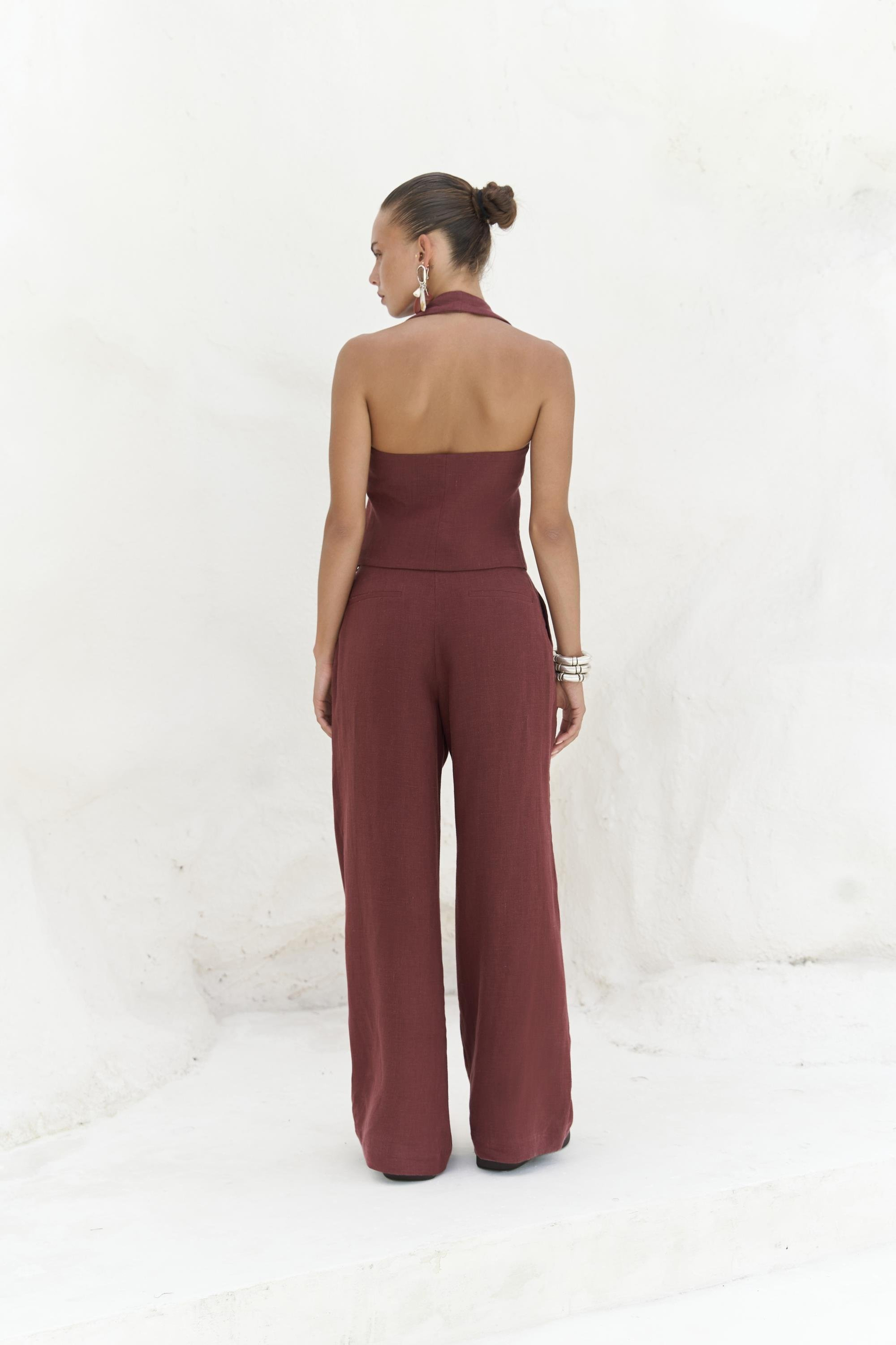 Dena Sırt Dekolteli Bordo Keten Yelek Pantolon Takım