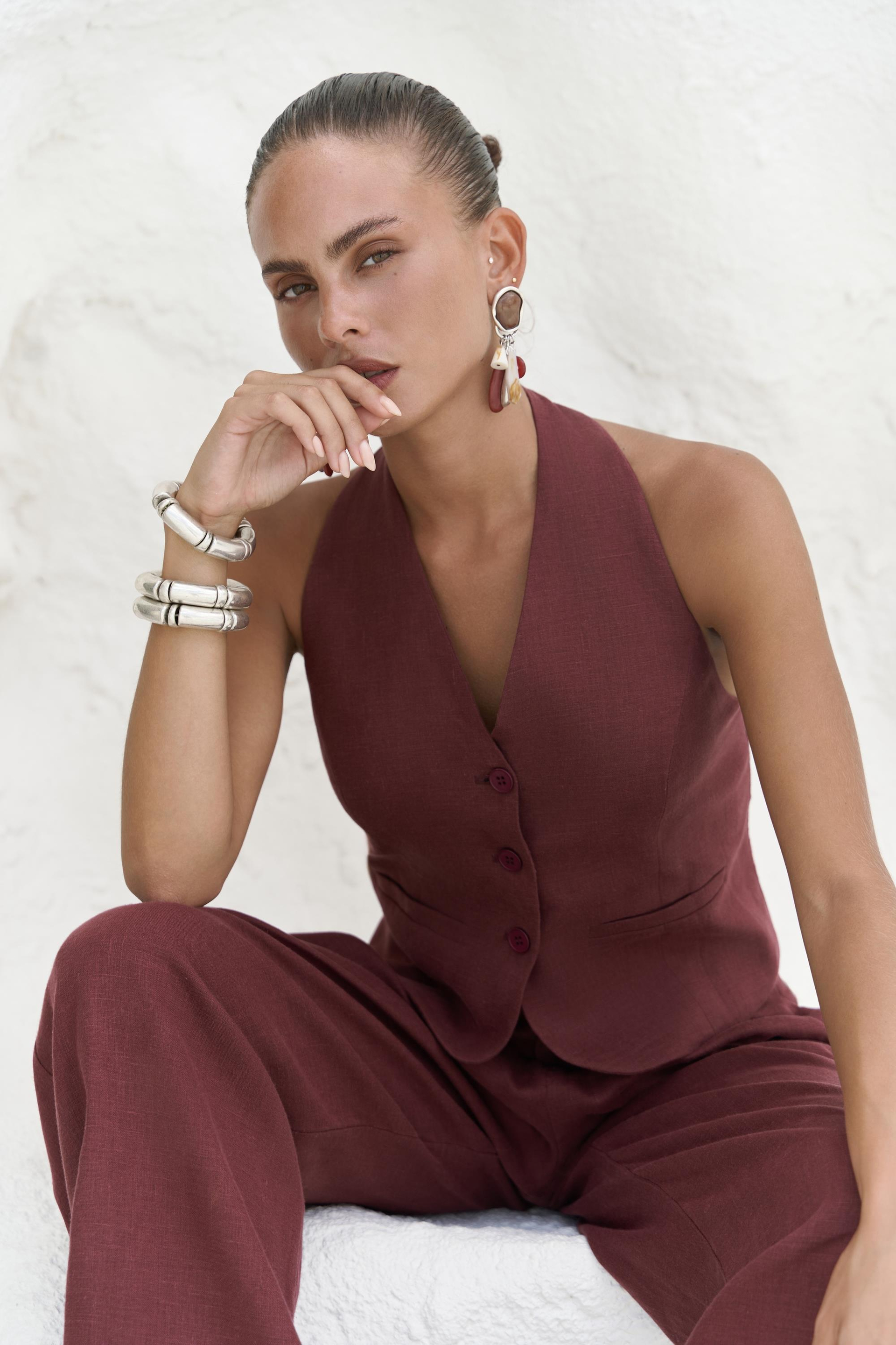 Dena Sırt Dekolteli Bordo Keten Yelek Pantolon Takım