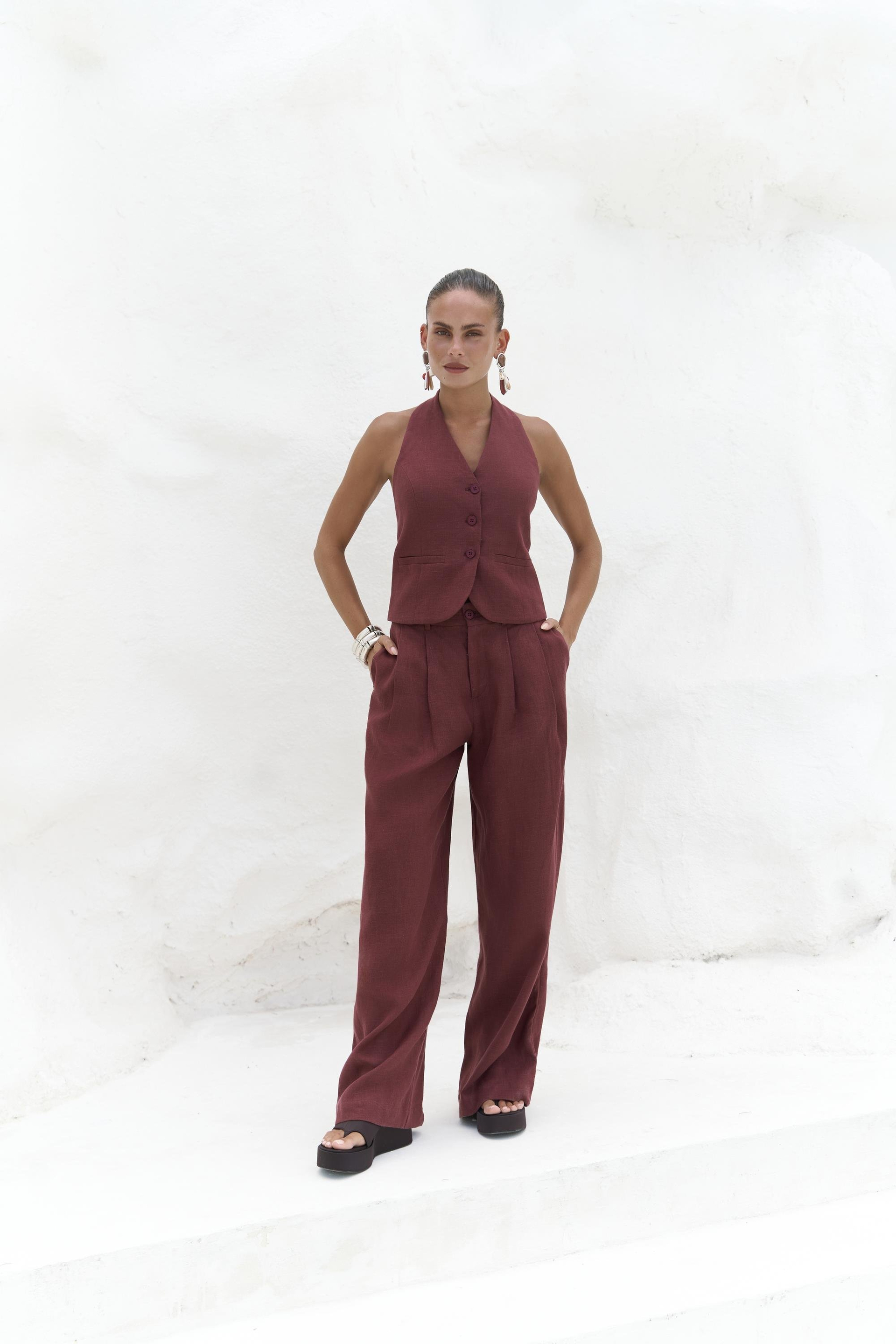 Dena Sırt Dekolteli Bordo Keten Yelek Pantolon Takım