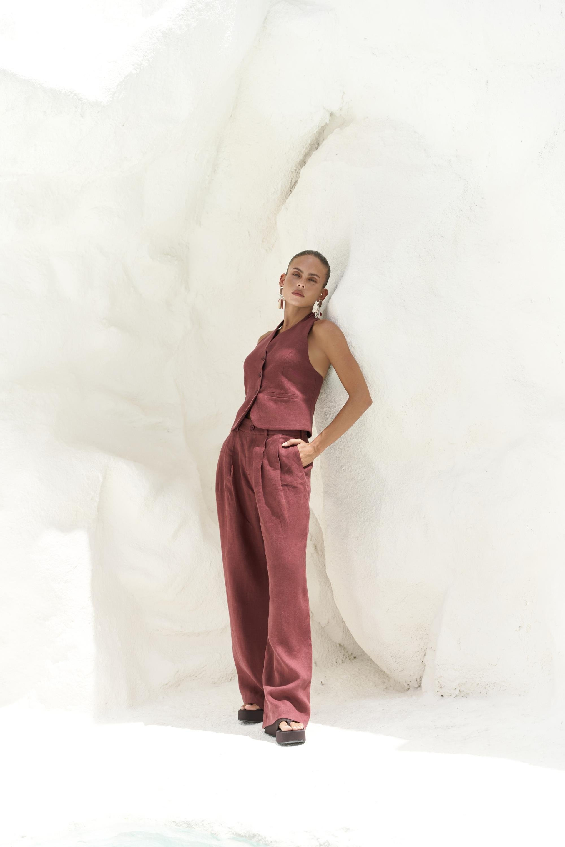 Dena Sırt Dekolteli Bordo Keten Yelek Pantolon Takım