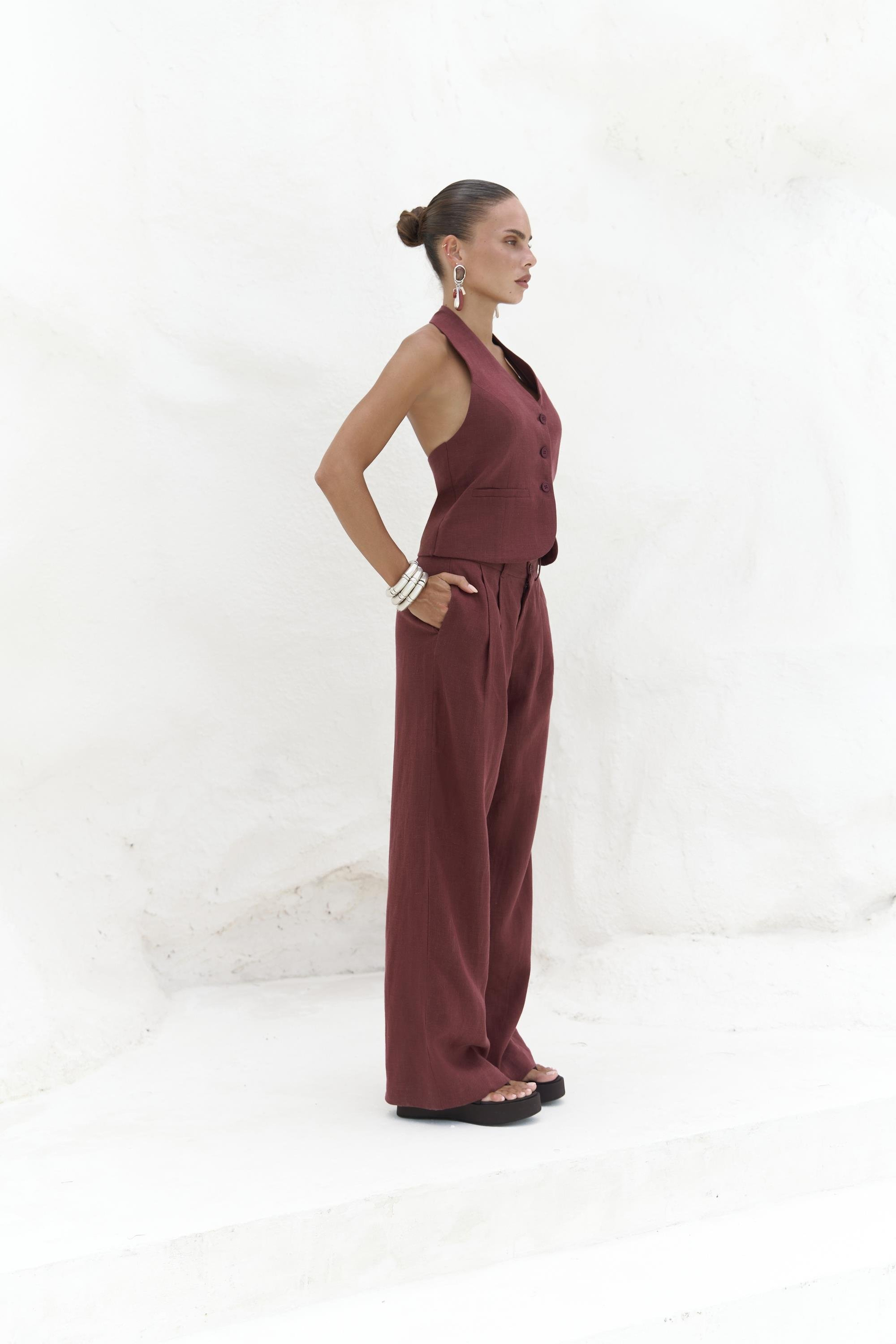 Dena Sırt Dekolteli Bordo Keten Yelek Pantolon Takım