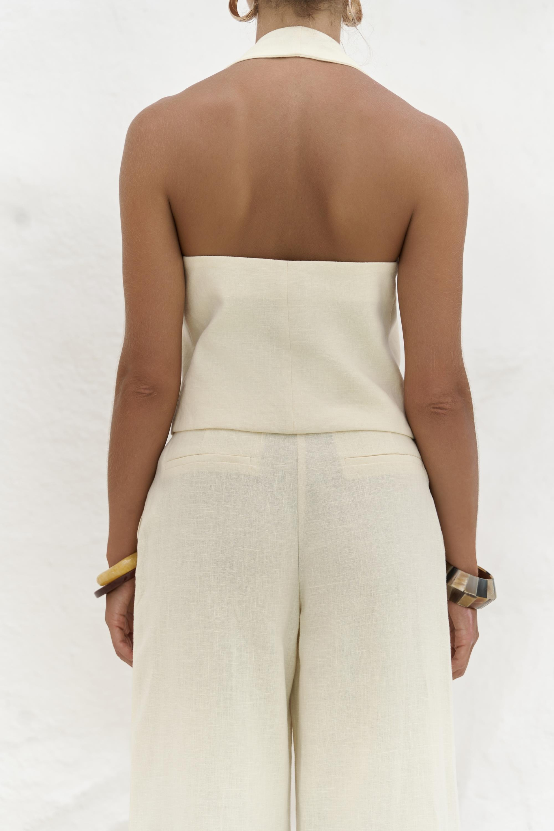 Dena Sırt Dekolteli Sarı Keten Yelek Pantolon Takım