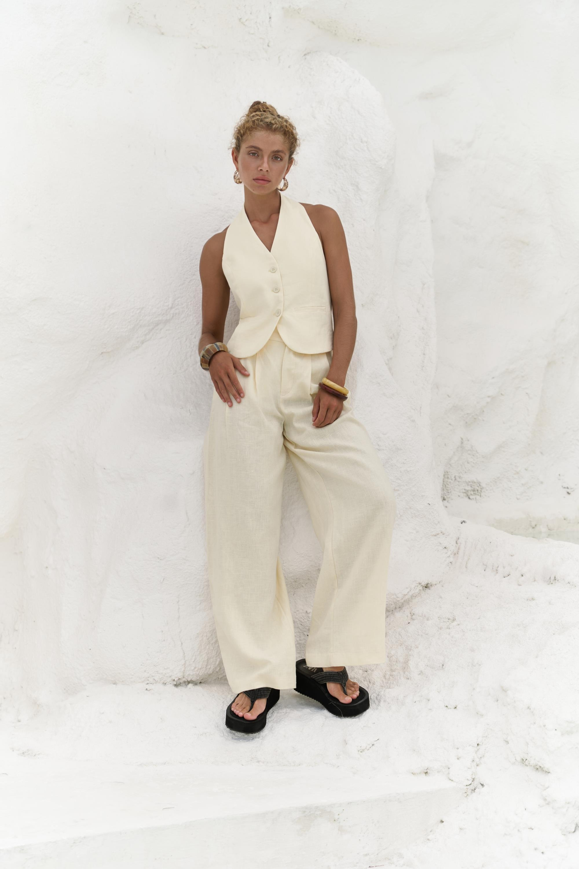 Dena Sırt Dekolteli Sarı Keten Yelek Pantolon Takım