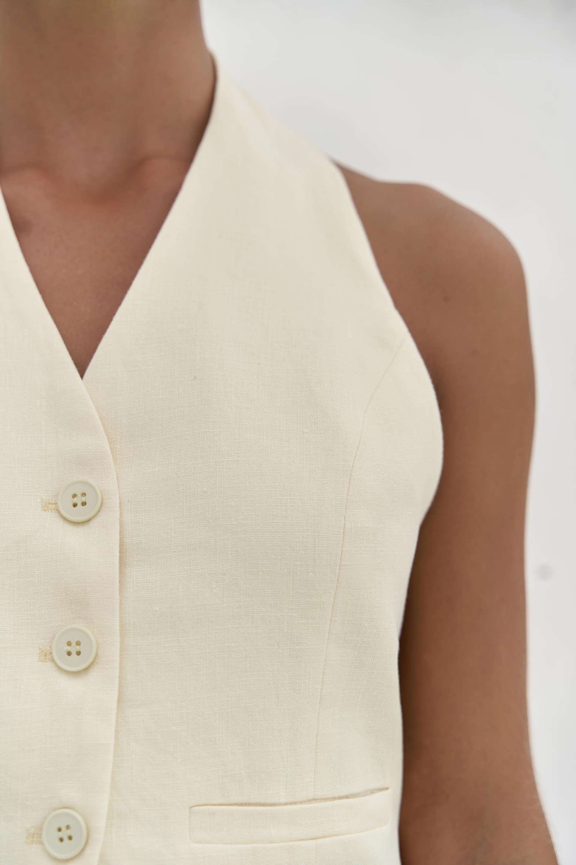 Dena Sırt Dekolteli Sarı Keten Yelek Pantolon Takım