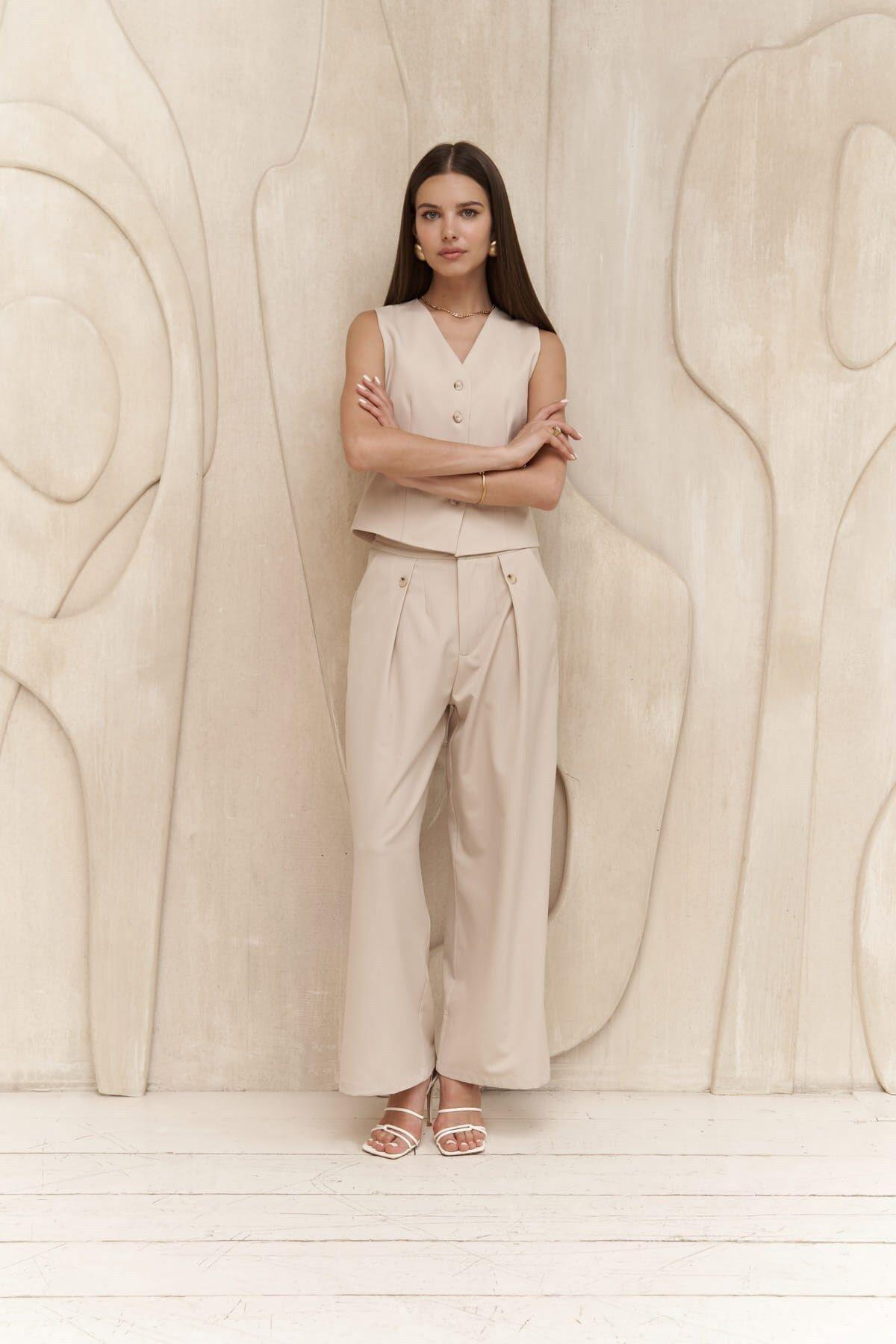 Diaz Light Beige Trousers with Button Detail