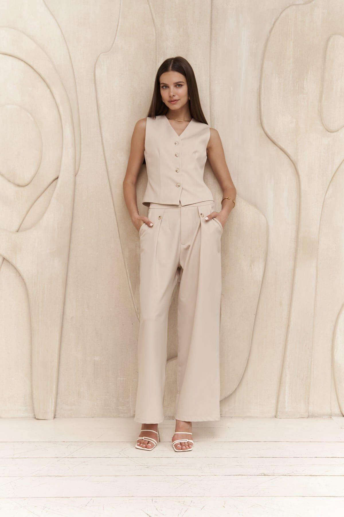 Diaz Light Beige Trousers with Button Detail