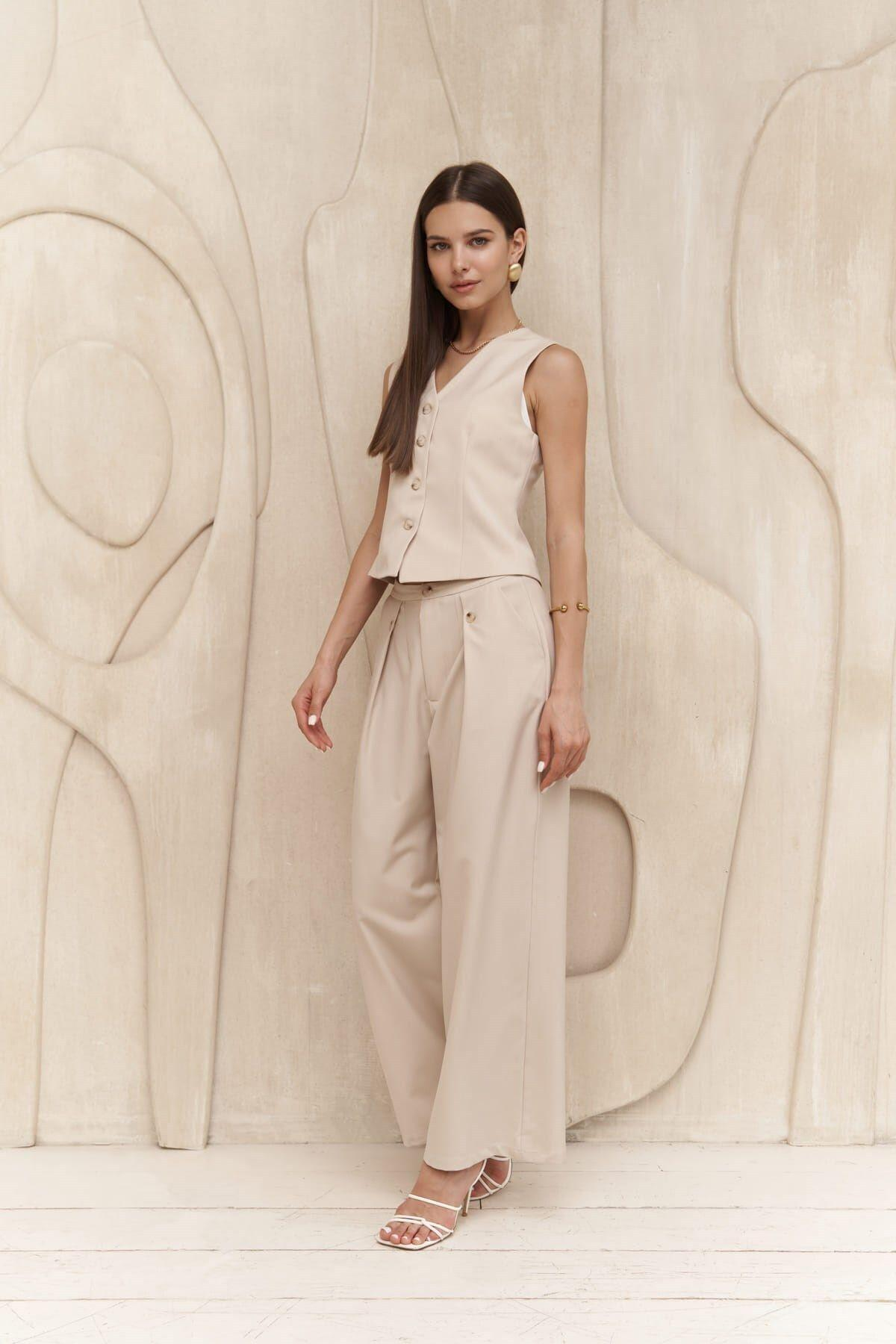Diaz Light Beige Trousers with Button Detail