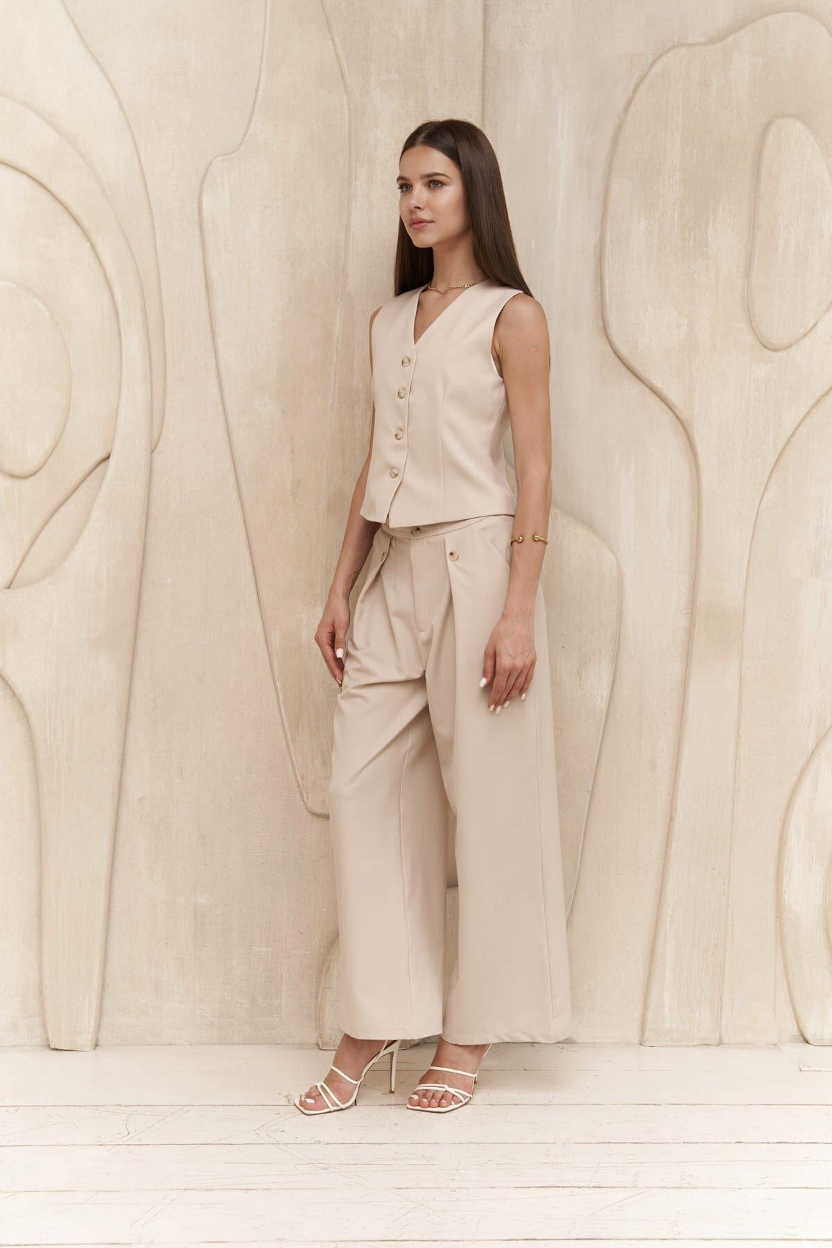 Diaz Light Beige Trousers with Button Detail