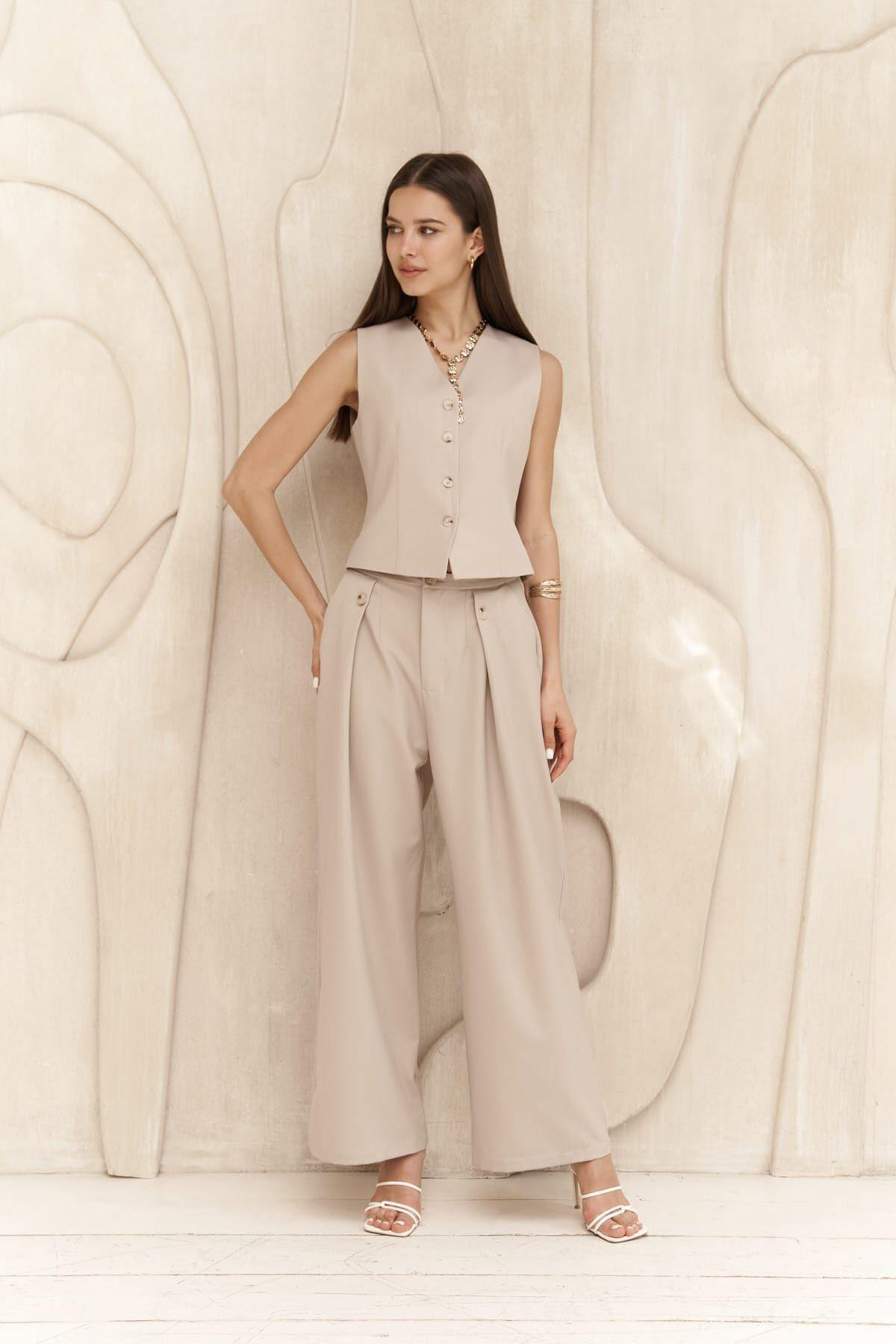 Diaz Düğme Detaylı Koyu Bej Pantolon