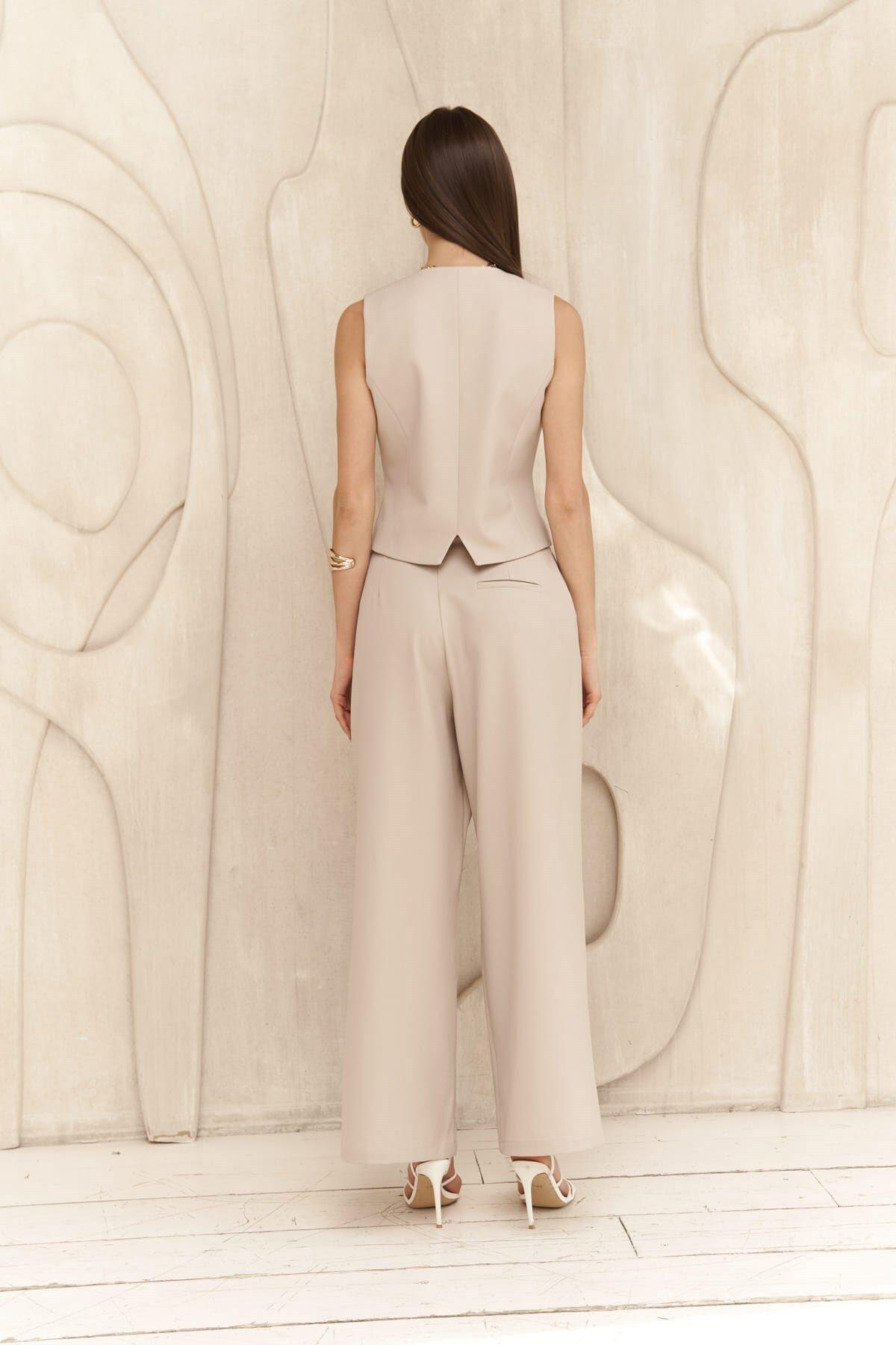 Diaz Düğme Detaylı Koyu Bej Pantolon