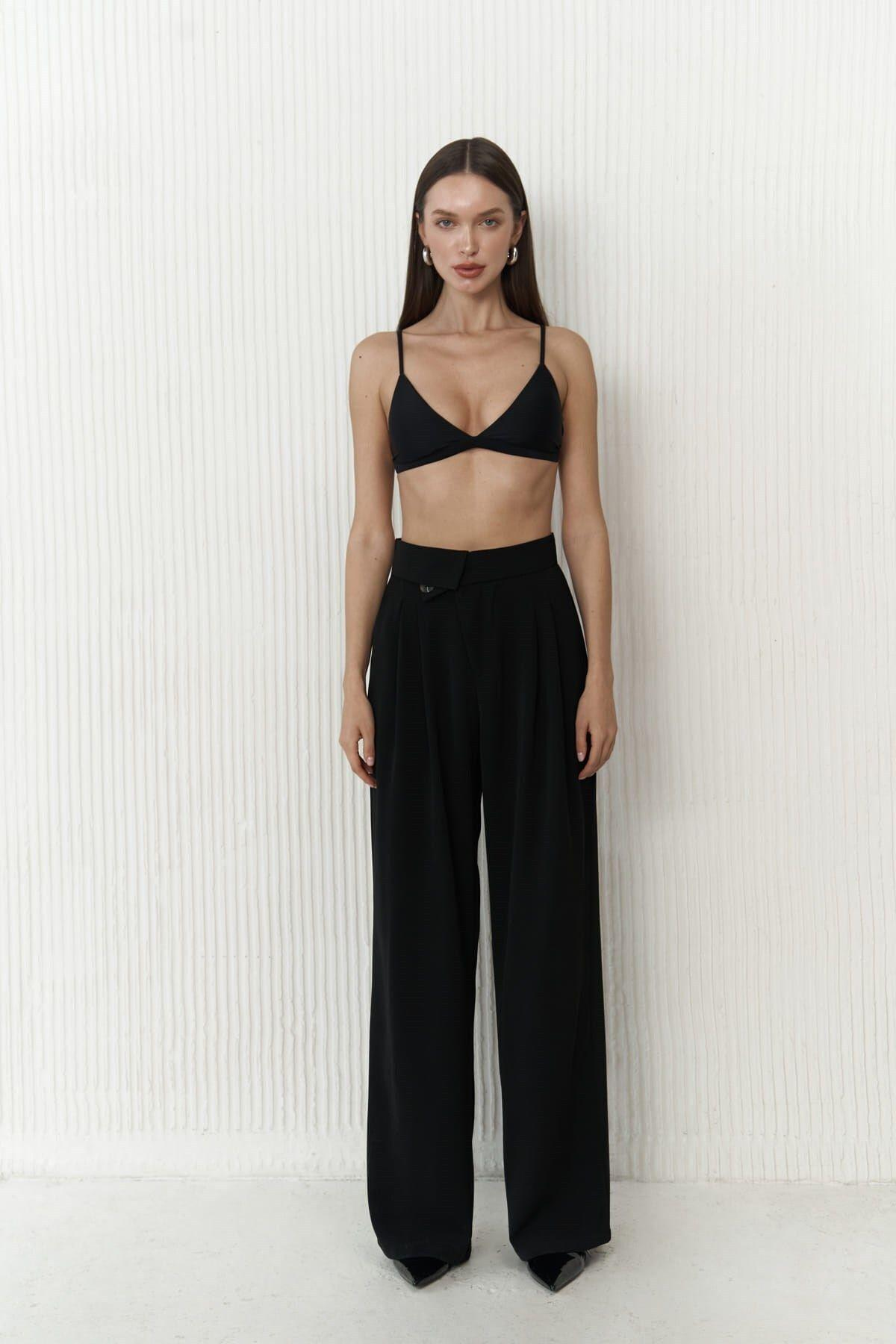 Diego Front Button Detail Black Trousers 