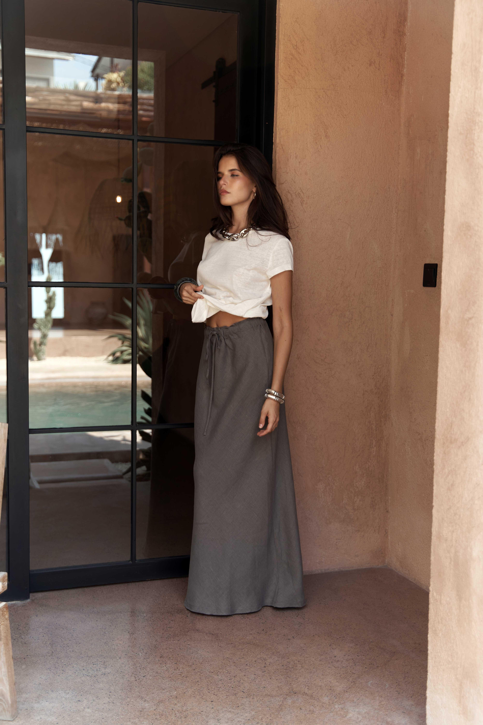 Dolly Bağcıklı Antrasit Keten Etek