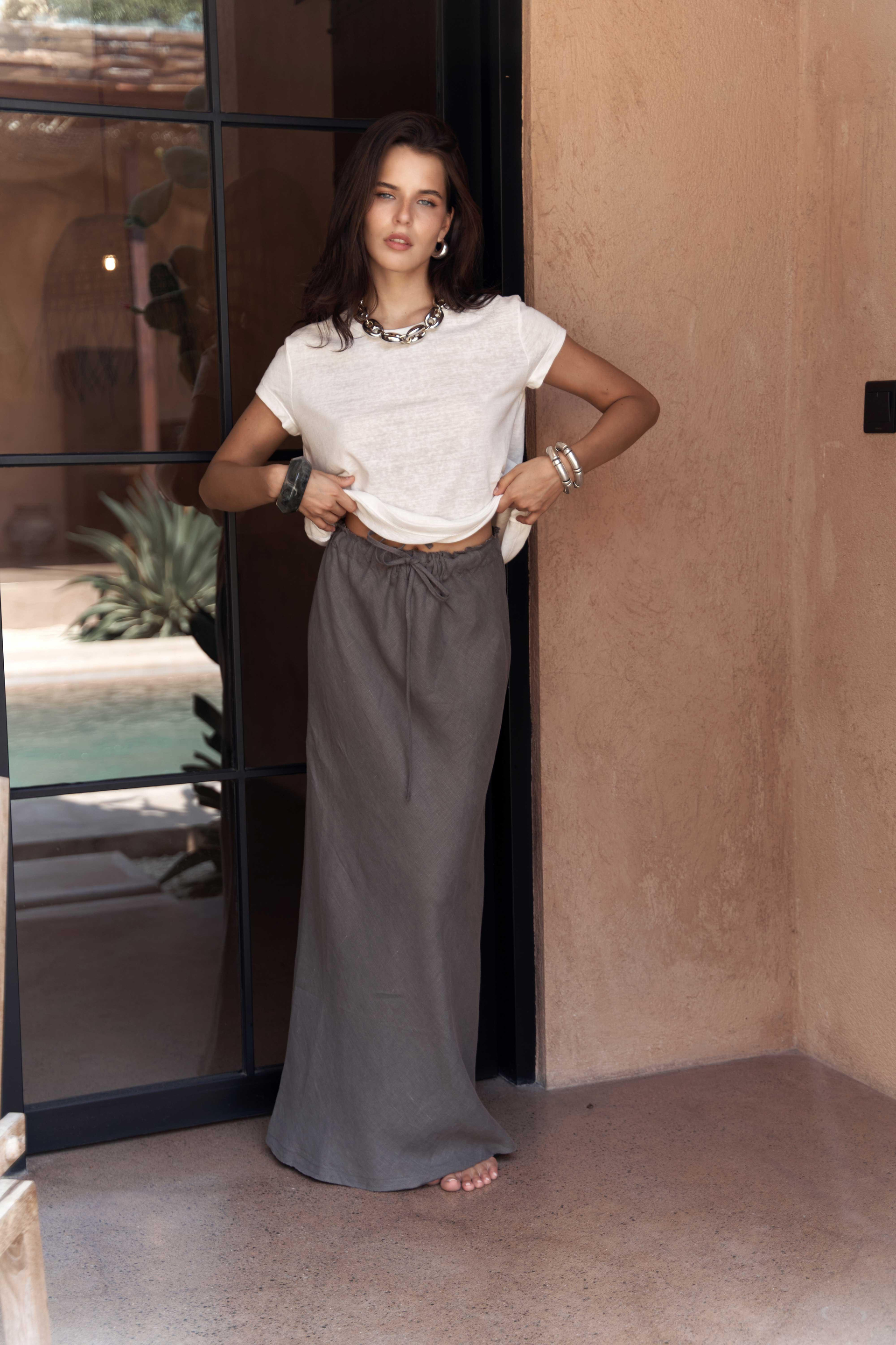 Dolly Bağcıklı Antrasit Keten Etek