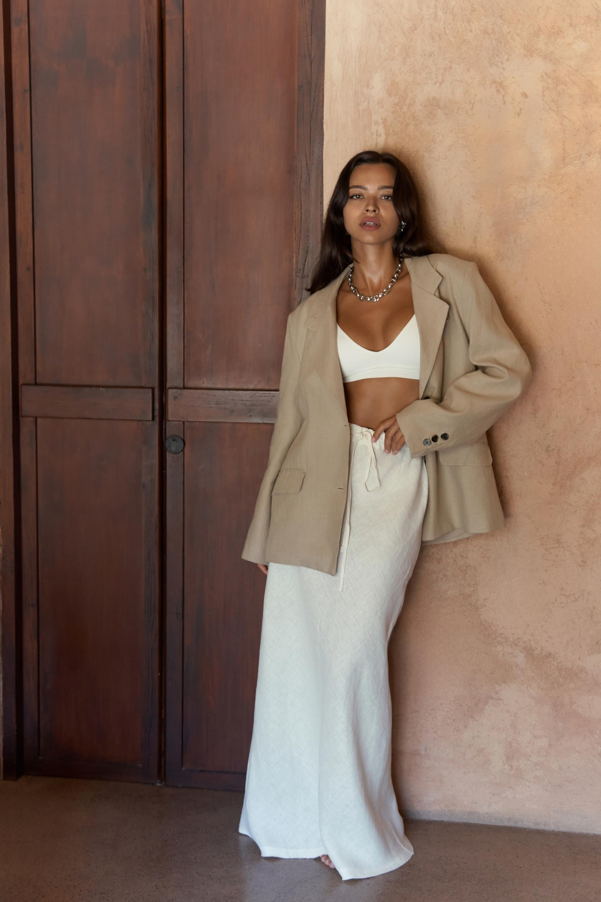 Dolly Bağcıklı Beyaz Keten Etek