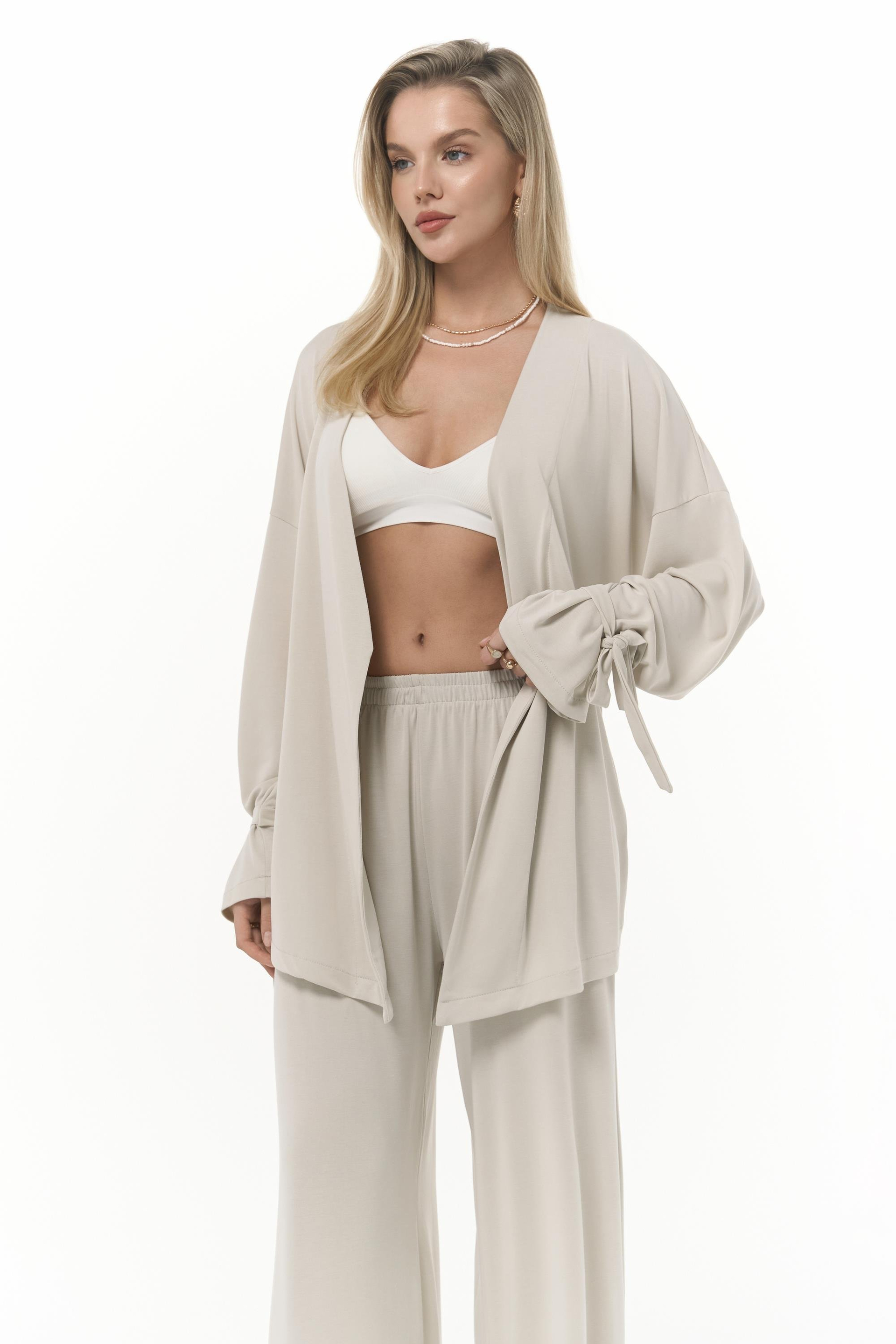 Donna Kimono Pantolon Bej Takım