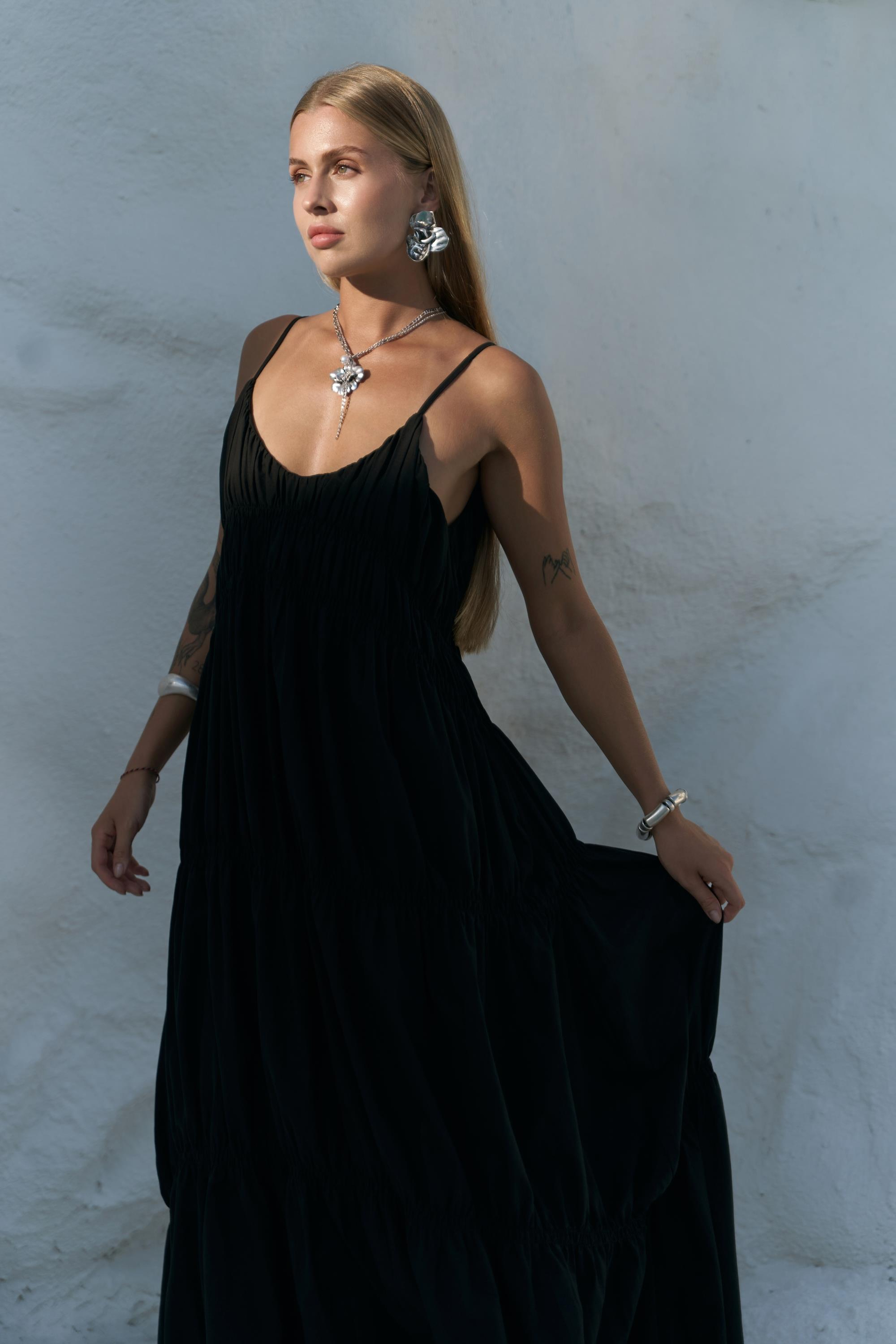 Dozza Askılı Siyah Uzun Elbise