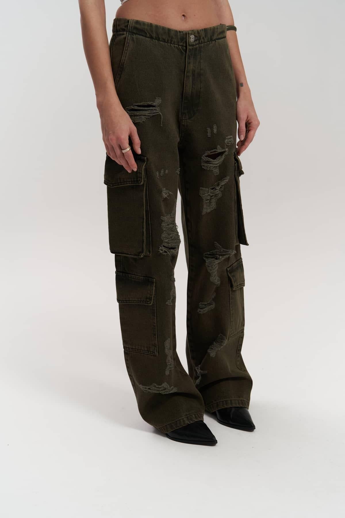 Dries Dirty Green Ripped Cargo Jeans