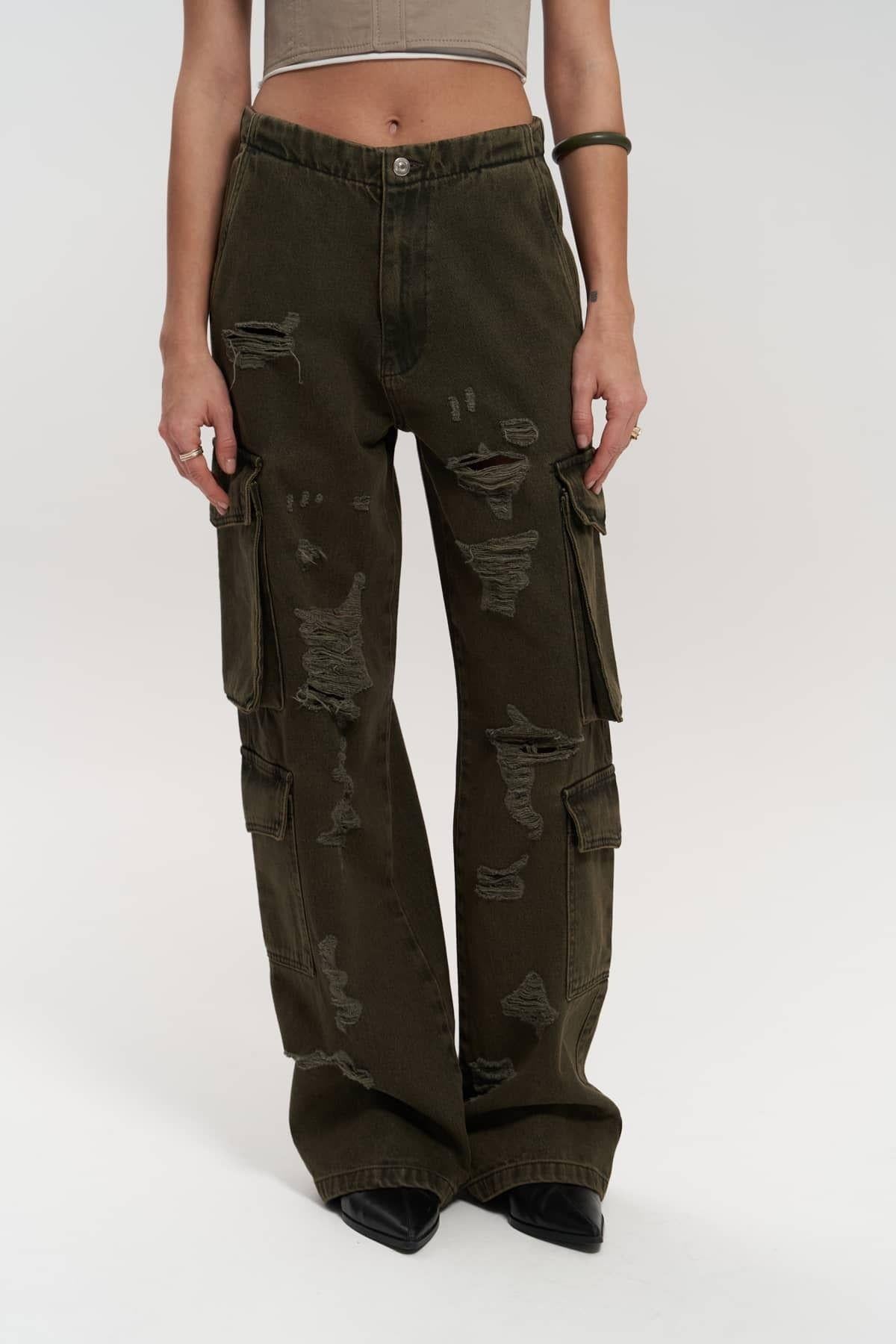 Dries Dirty Green Ripped Cargo Jeans