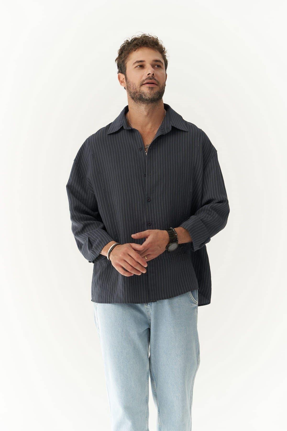 Dylan Men's Dark Blue Shirt With White Stripes   