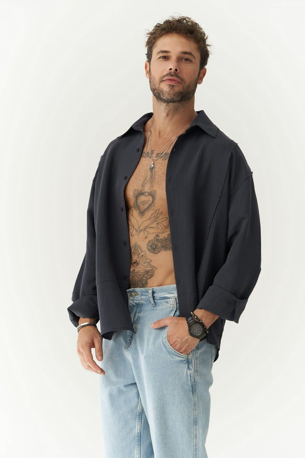 Dylan Men's Dark Blue Shirt With Black Stripes  