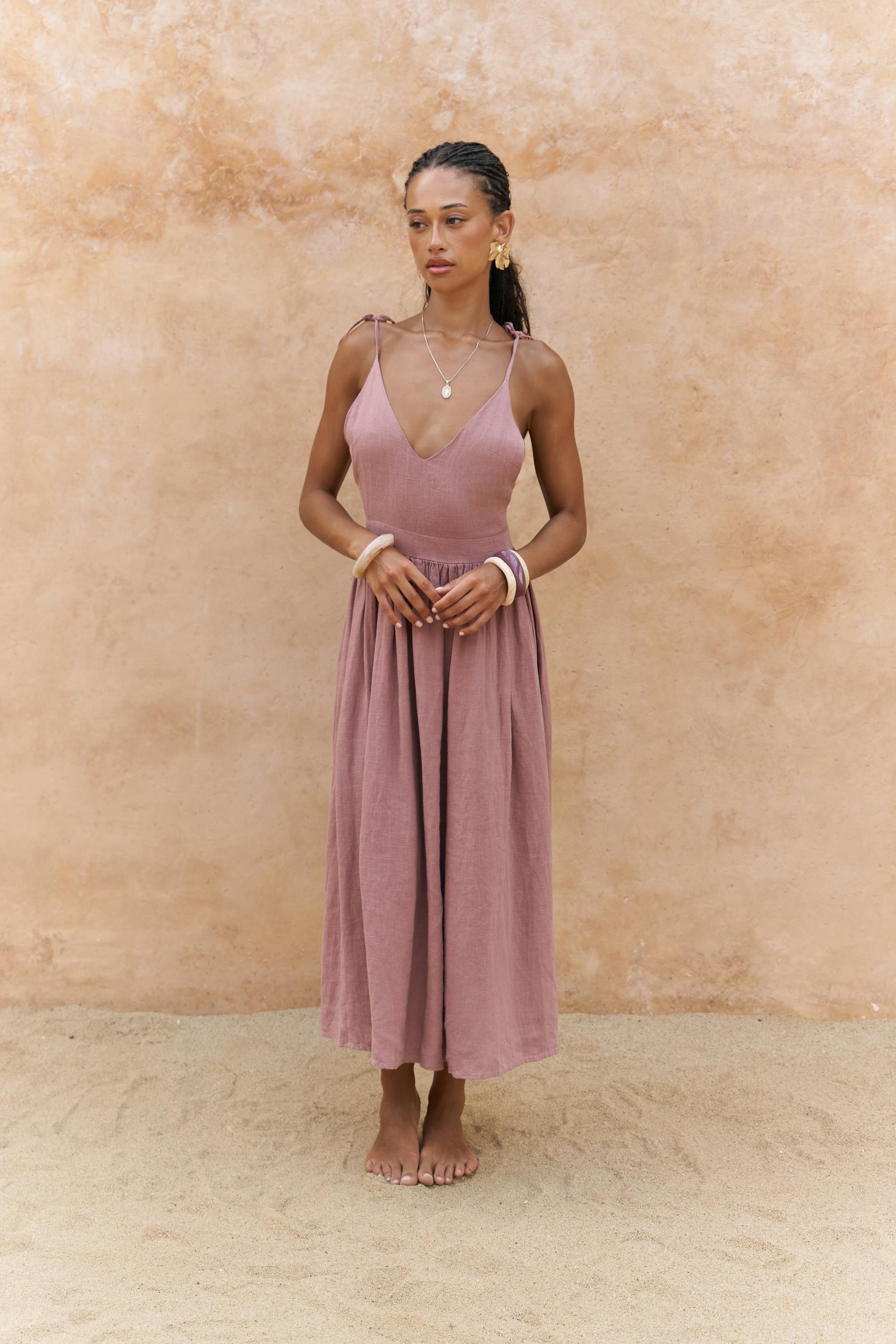 Eara Askılı Açık Bordo Uzun Keten Elbise